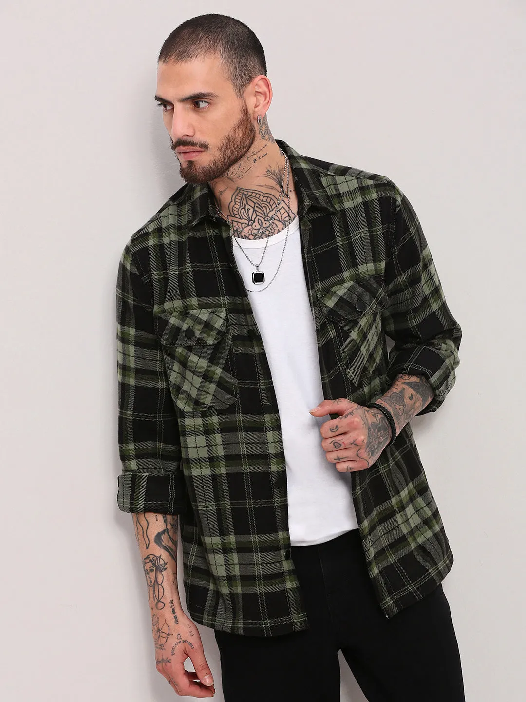 Men's Green Checked Relaxed Fit Casual Shacket Soft Fit Wear Relaxed Torso Fit