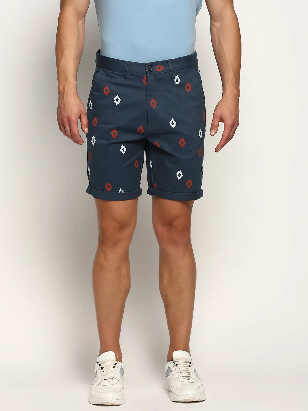 Men's Teal Geometric Printed Mid Rise Cotton Chinos Shorts Foldable style beach shorts