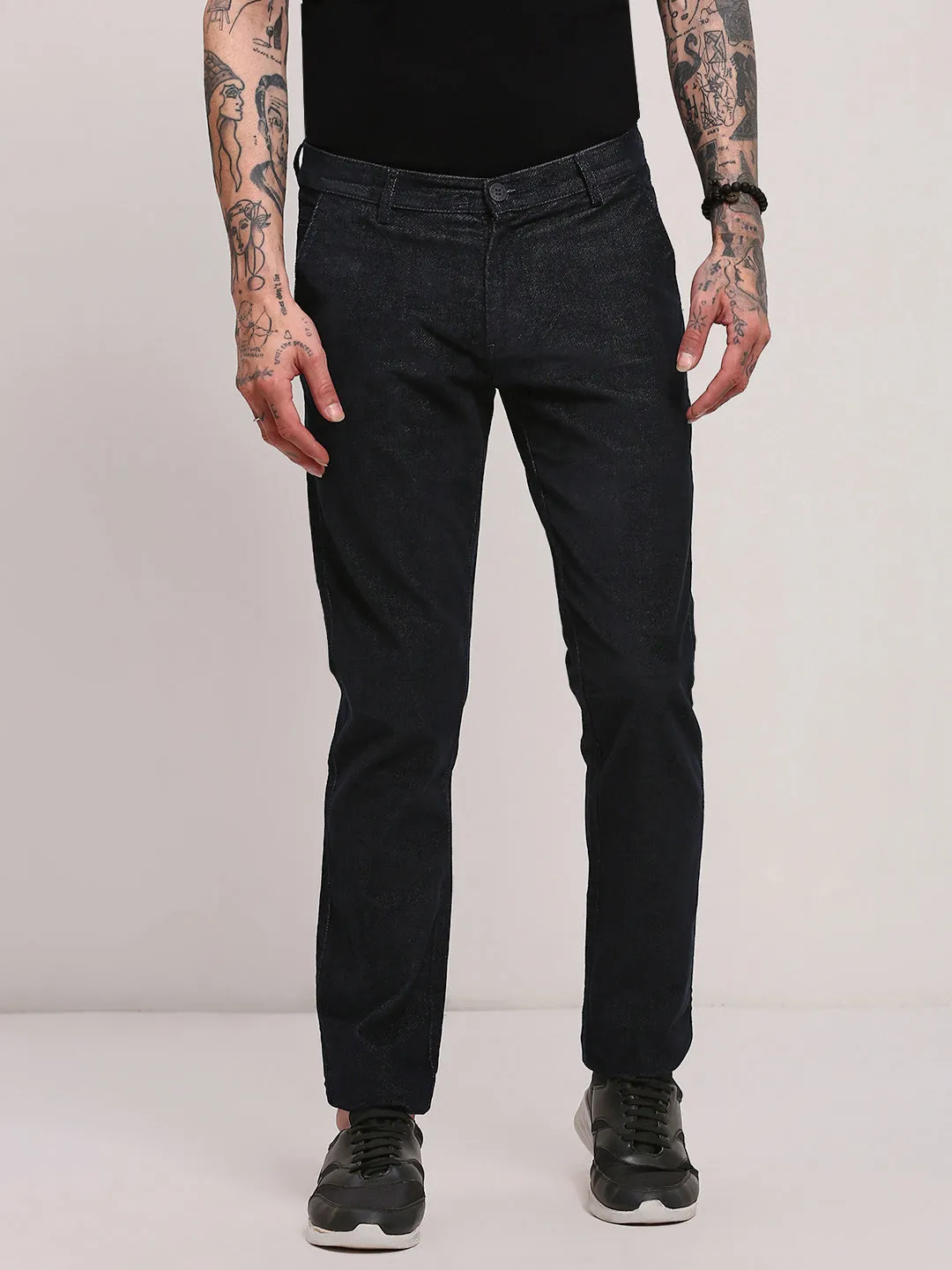 Machine washable Men's Navy Blue Cotton Comfort Skinny Fit Low-Rise Trousers