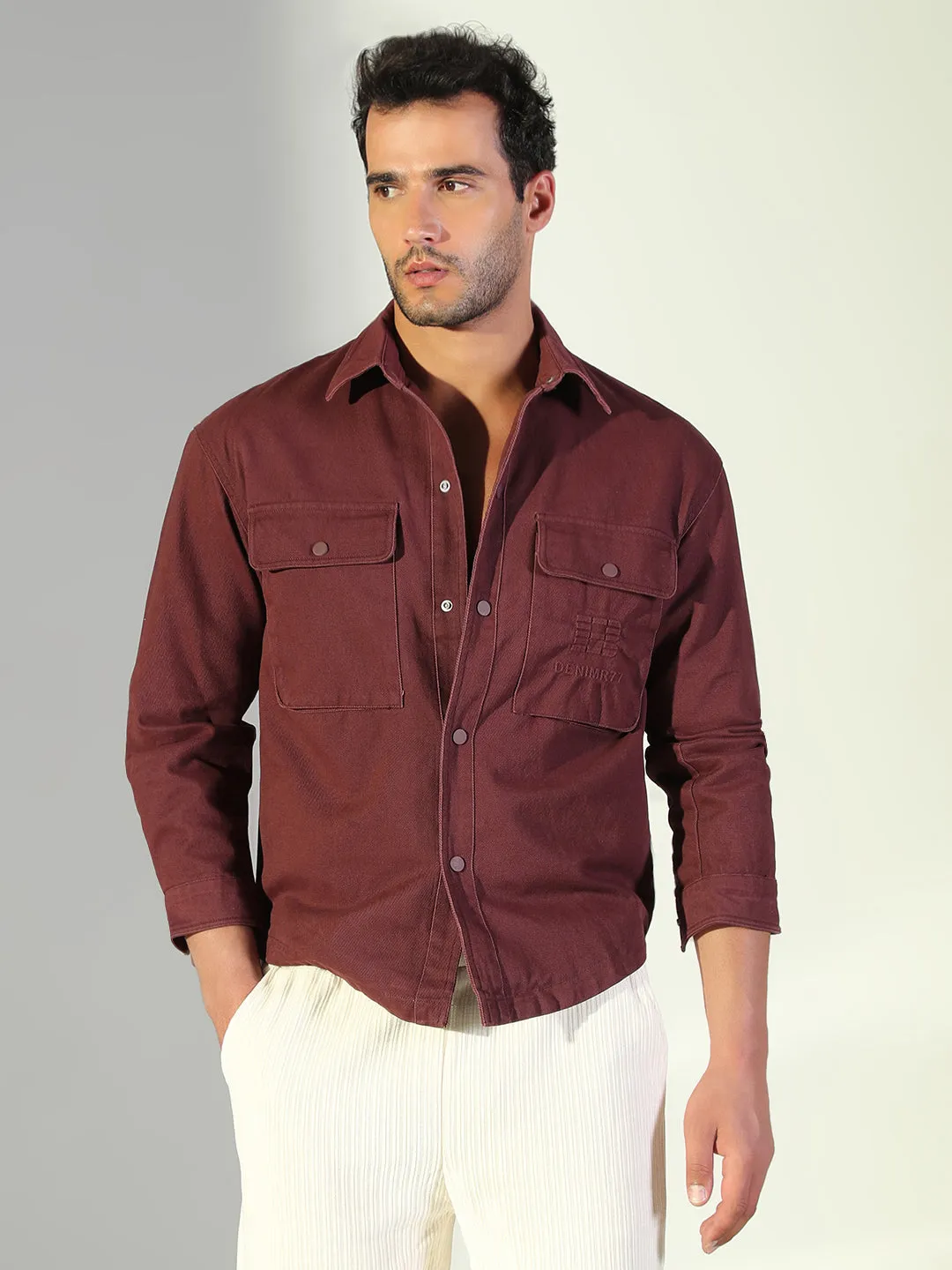 Seasonal Trend Relaxing Fit Men's Solid Maroon Shacket with Pockets