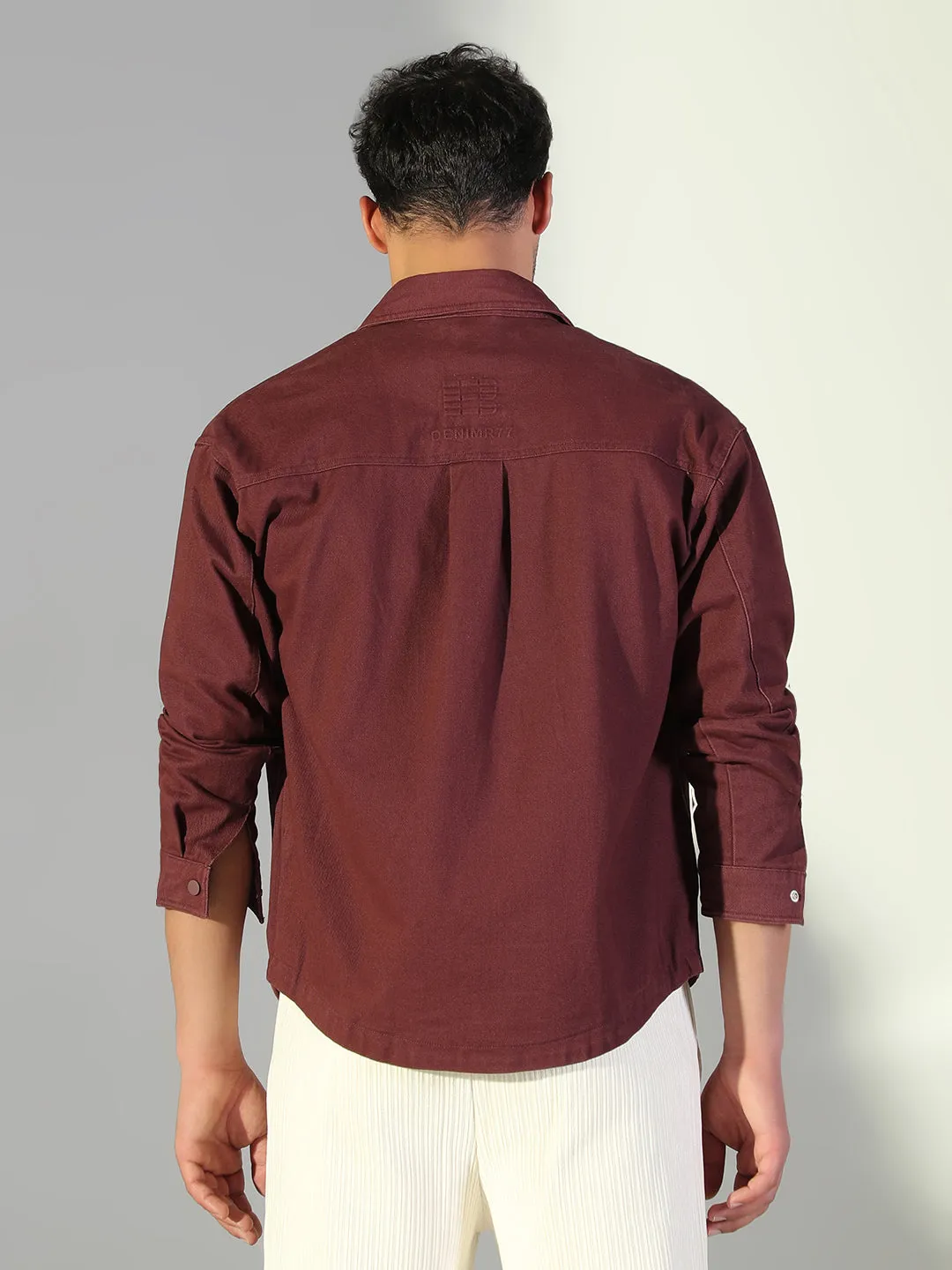 Micro Perforated Fabric Cozy Flex Men's Solid Maroon Shacket with Pockets