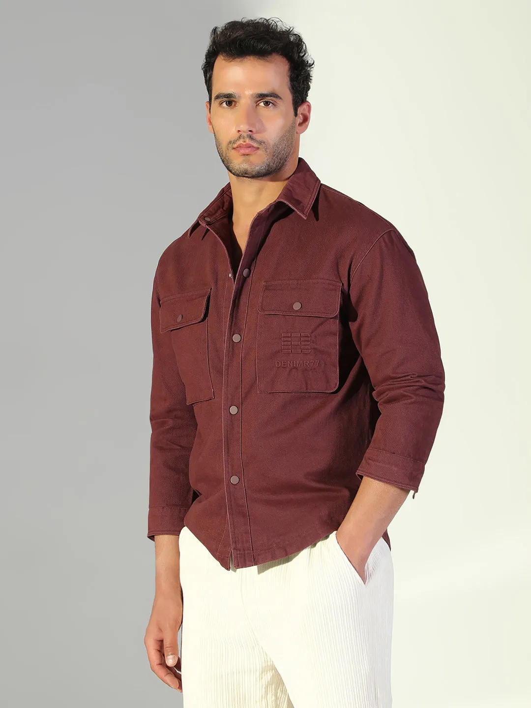 Basic Layer Men's Solid Maroon Shacket with Pockets