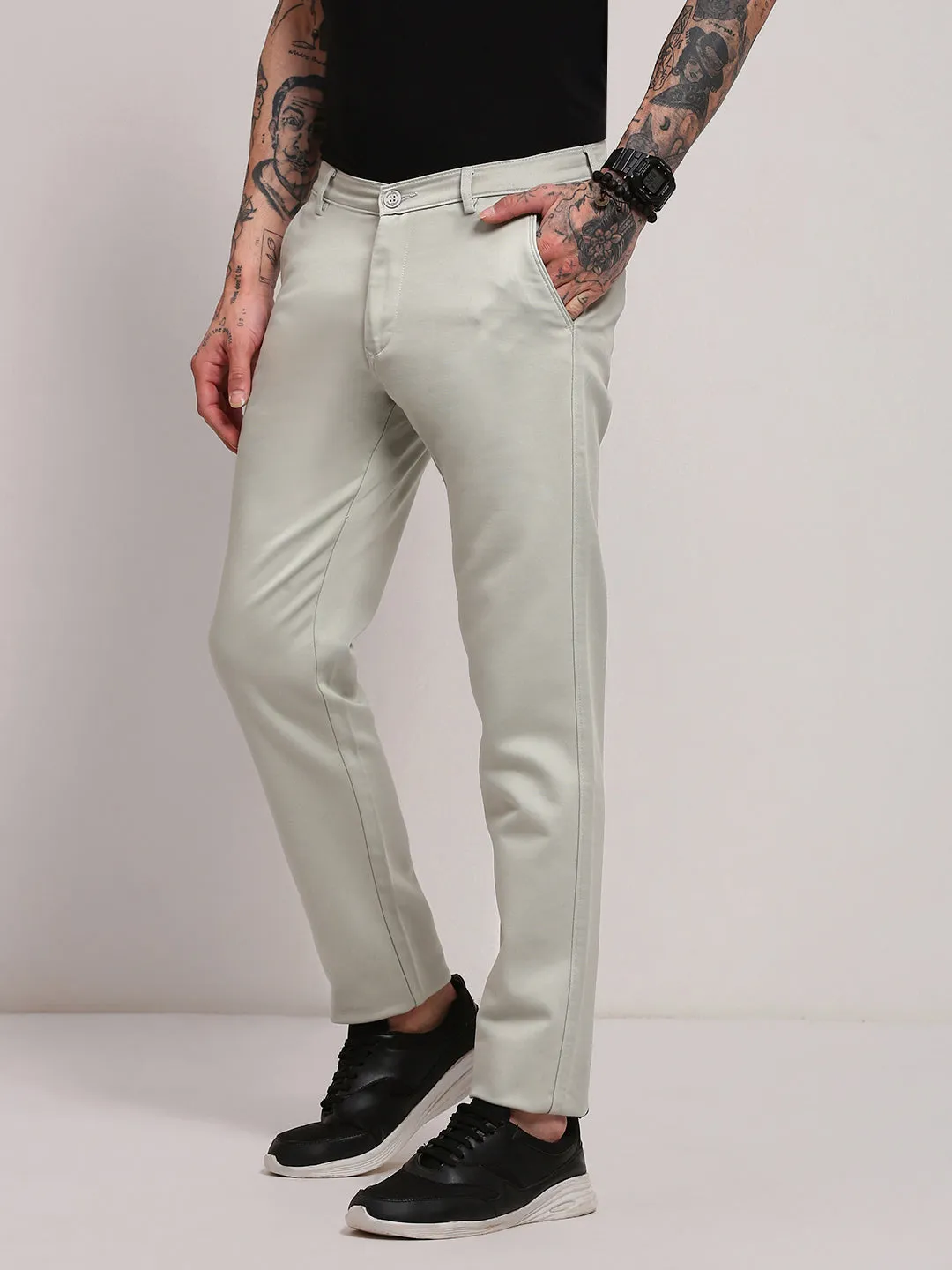 Men's Grey Solid Low-Rise Trousers FrictionResistantEdging