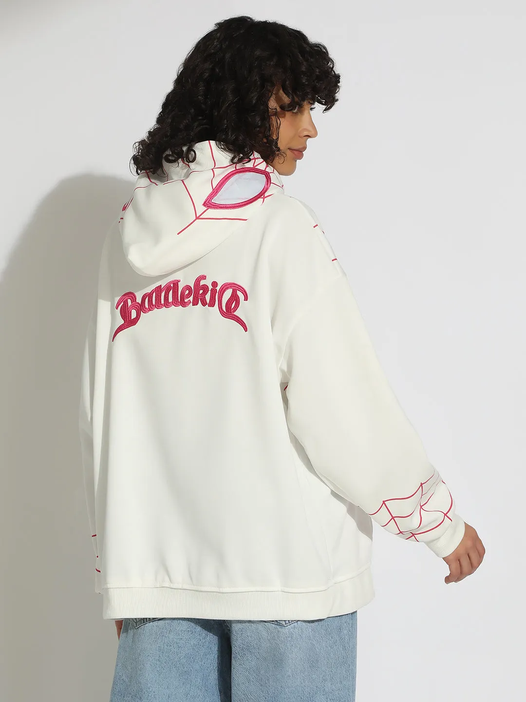 Running Top fuzzy texture Women's White Spiderman Graphic Zip Up Hoodie with Masked Hood