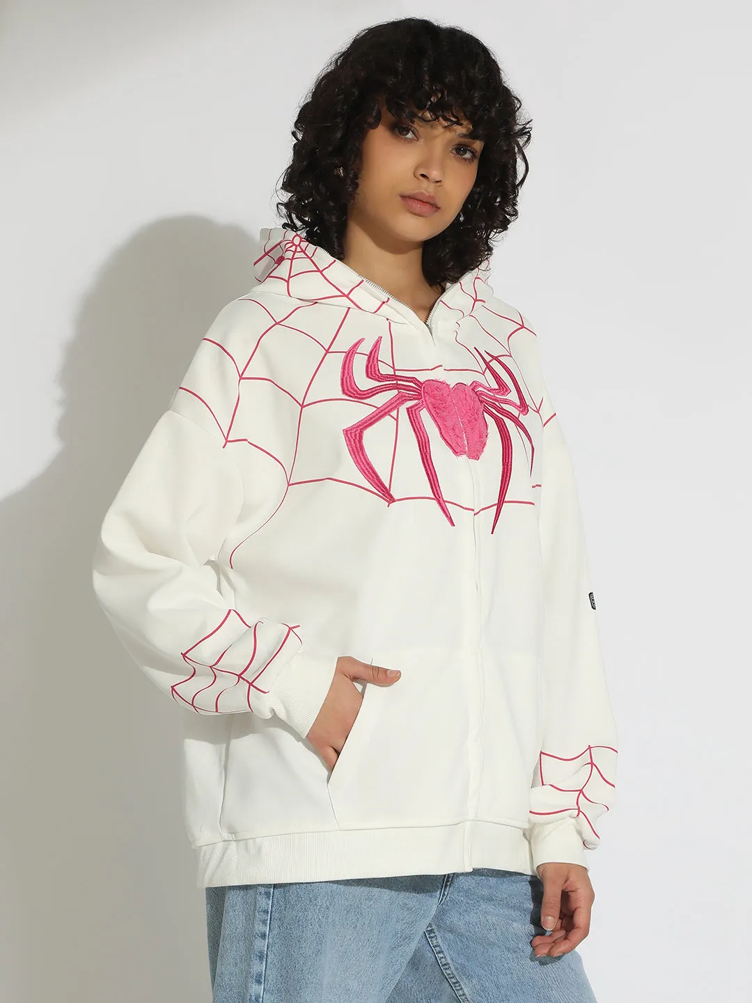 Women's White Spiderman Graphic Zip Up Hoodie with Masked Hood product mass produced efficiency nautical print