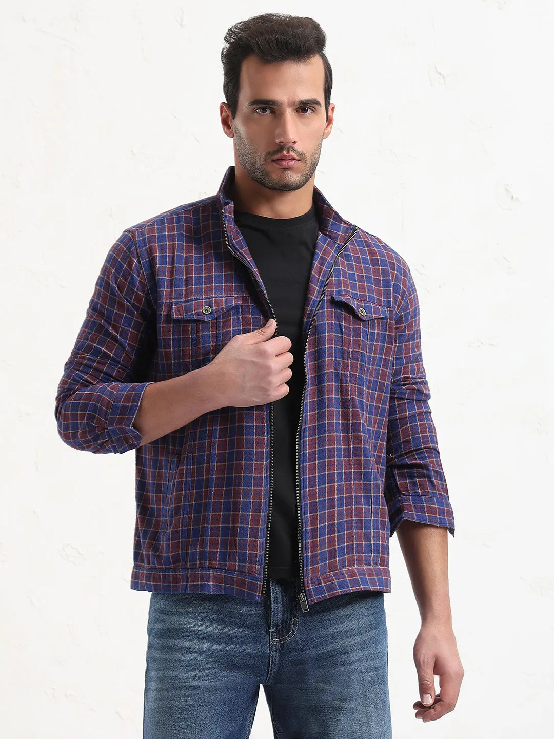 Men's Blue Checked Slim Fit Shacket Comfy Choice Active Layer Fit