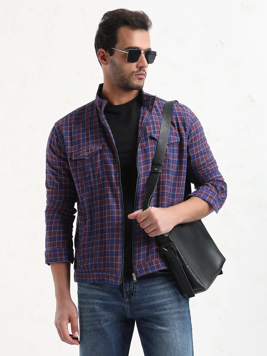 Men's Blue Checked Slim Fit Shacket Cool Design Versatile Wardrobe Piece