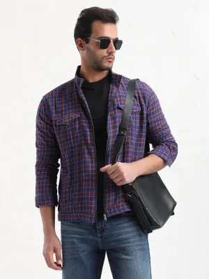 Men's Blue Checked Slim Fit Shacket Cool Design Versatile Wardrobe Piece