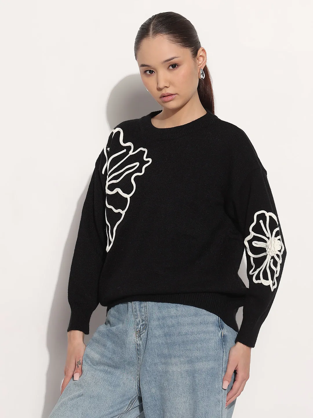 Layered Comfort Women's Floral Black Round Neck Knitted Top