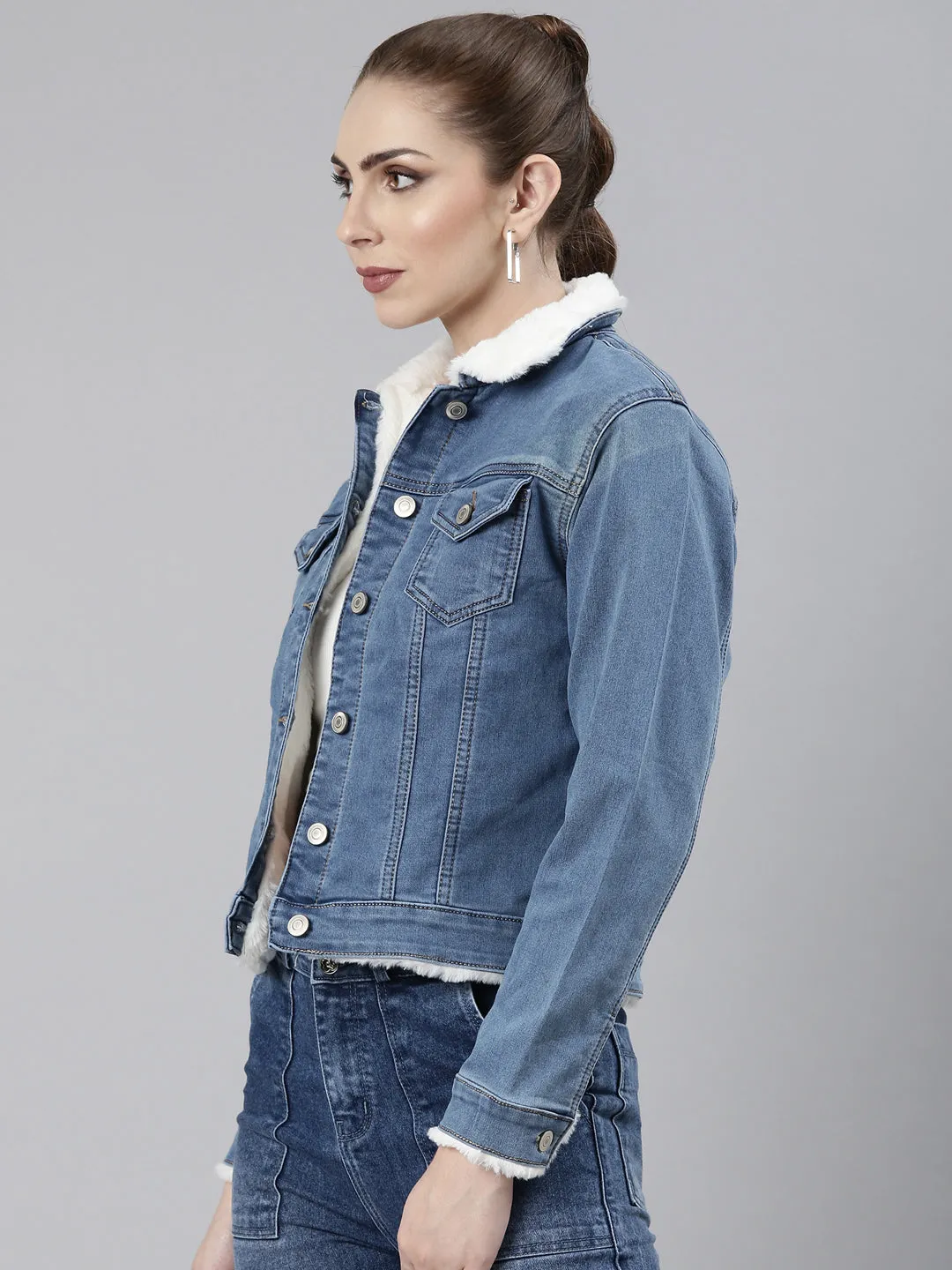 Temperature Regulating Lining High Performance Blend Women's Blue Spread Collar Faux Fur Trim Crop Denim Jacket