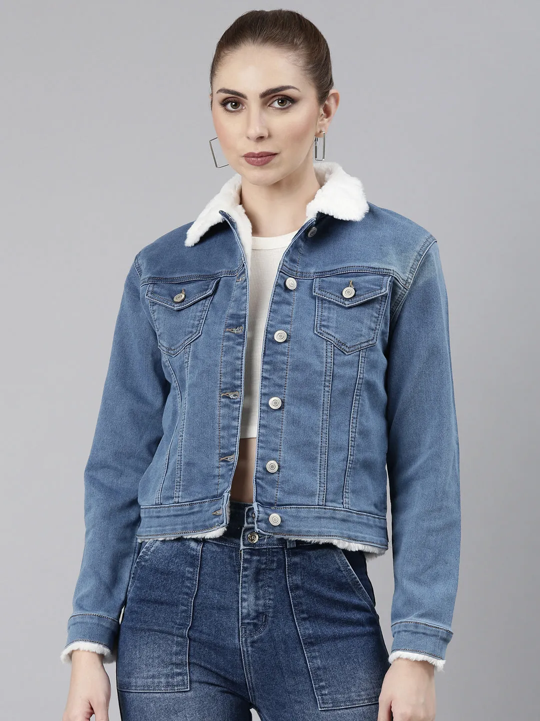 Quilted Insulation Snag Free Knit Women's Blue Spread Collar Faux Fur Trim Crop Denim Jacket