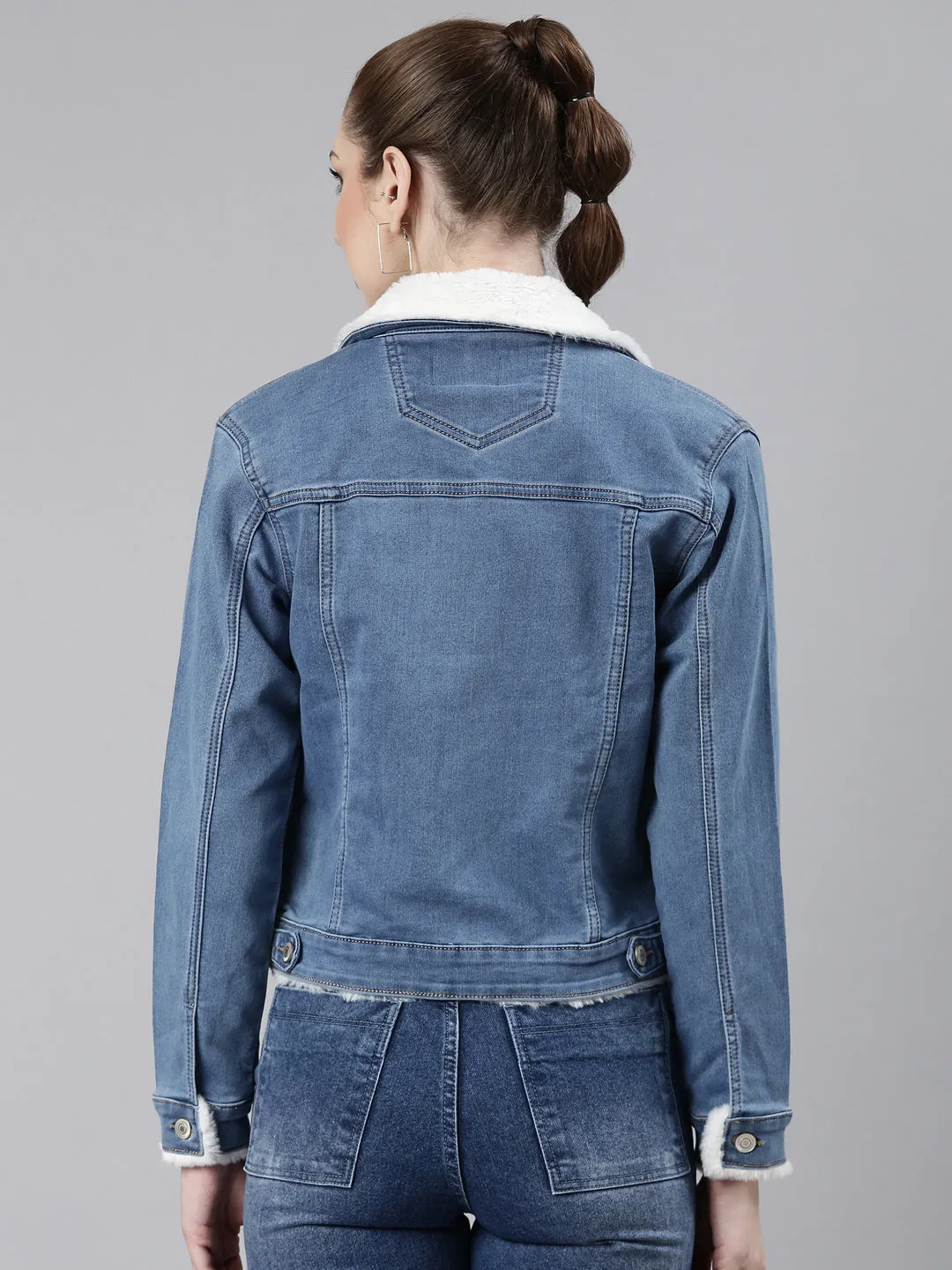 Women's Blue Spread Collar Faux Fur Trim Crop Denim Jacket Weekend Outing Wear