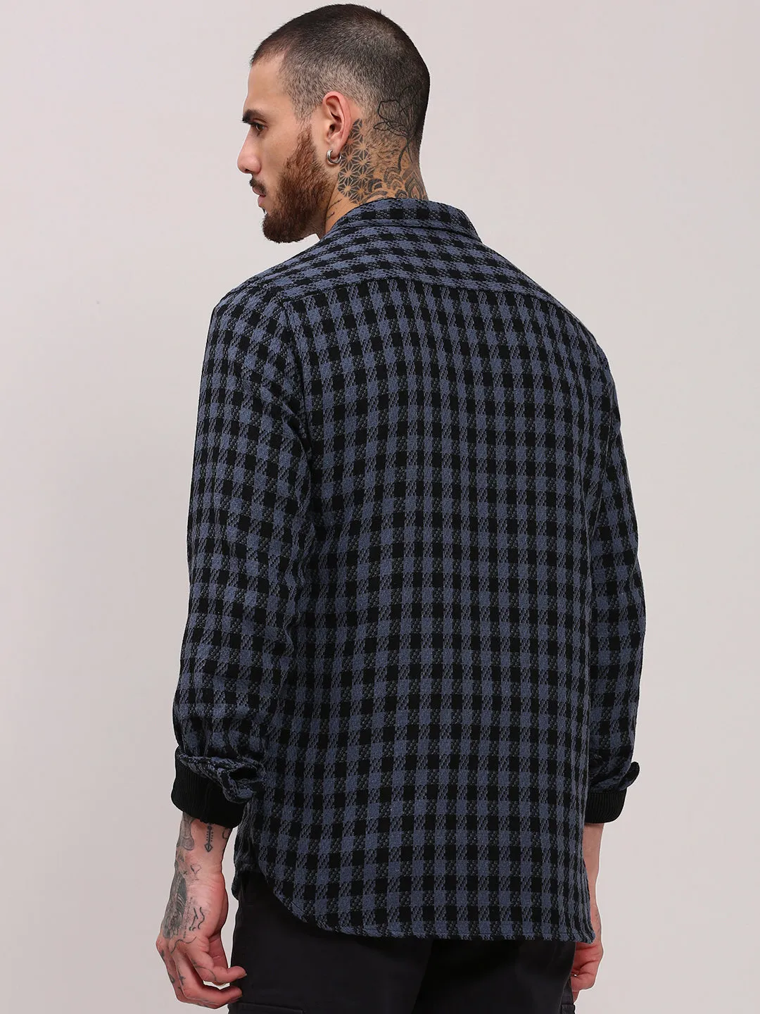 Men's Navy Blue Checked Shacket fade resistant color Oversized Cut
