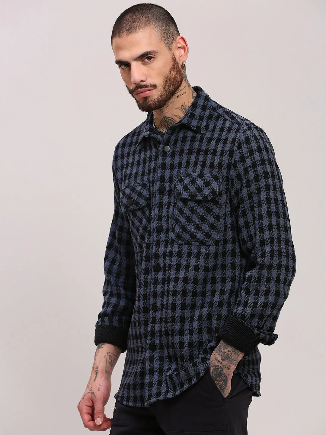 Classic Look Anti Static Finish Men's Navy Blue Checked Shacket