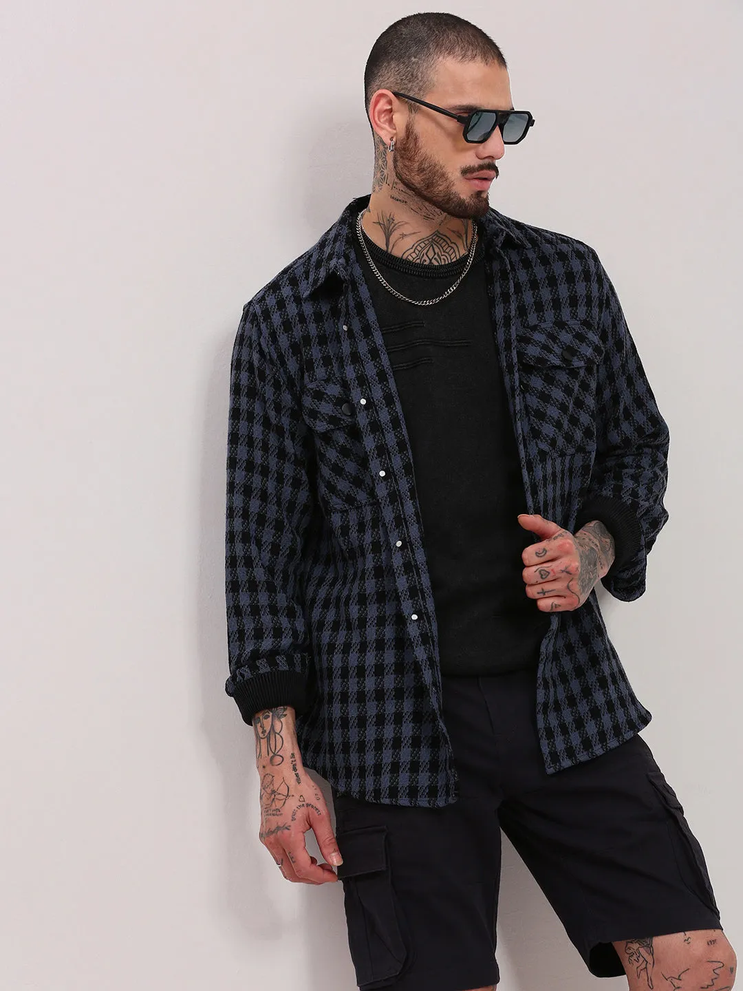 Chic Comfort Style Men's Navy Blue Checked Shacket