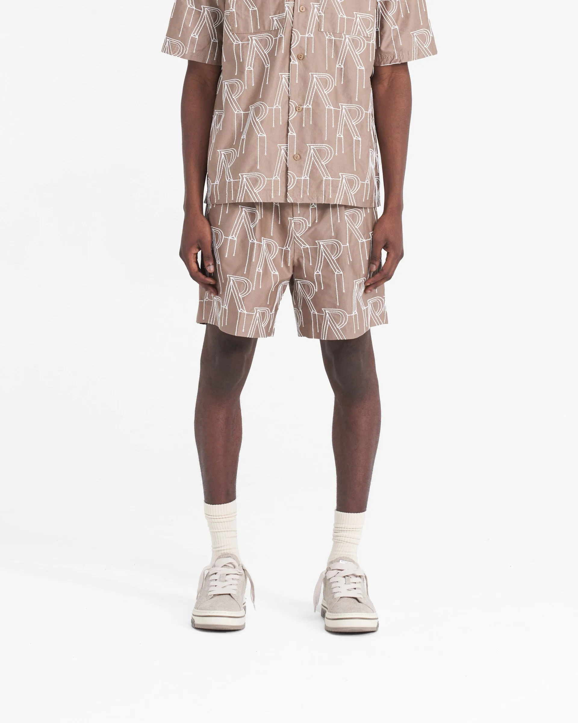 Layered Look No Ride Up Embroidered Initial Tailored Short - Washed Taupe