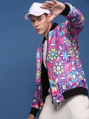 Men's Pink Printed Floral Windcheater Crop Bomber with Embroidered Jacket Recycled Material Blend