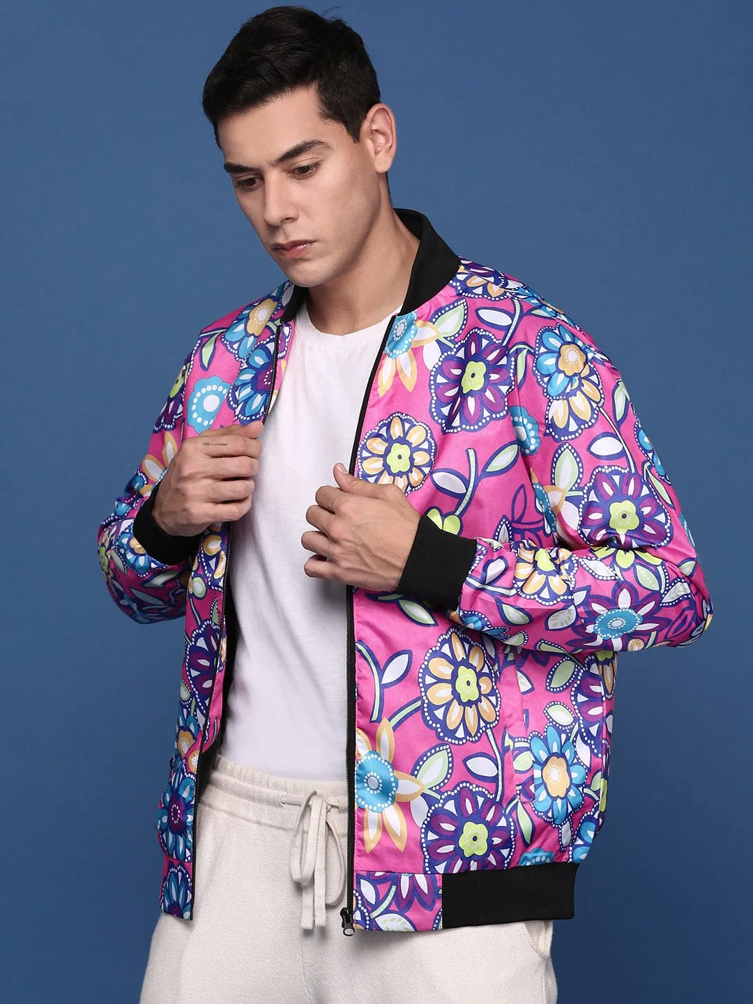 Men's Pink Printed Floral Windcheater Crop Bomber with Embroidered Jacket Reinforced Zippers Seasonal Trend