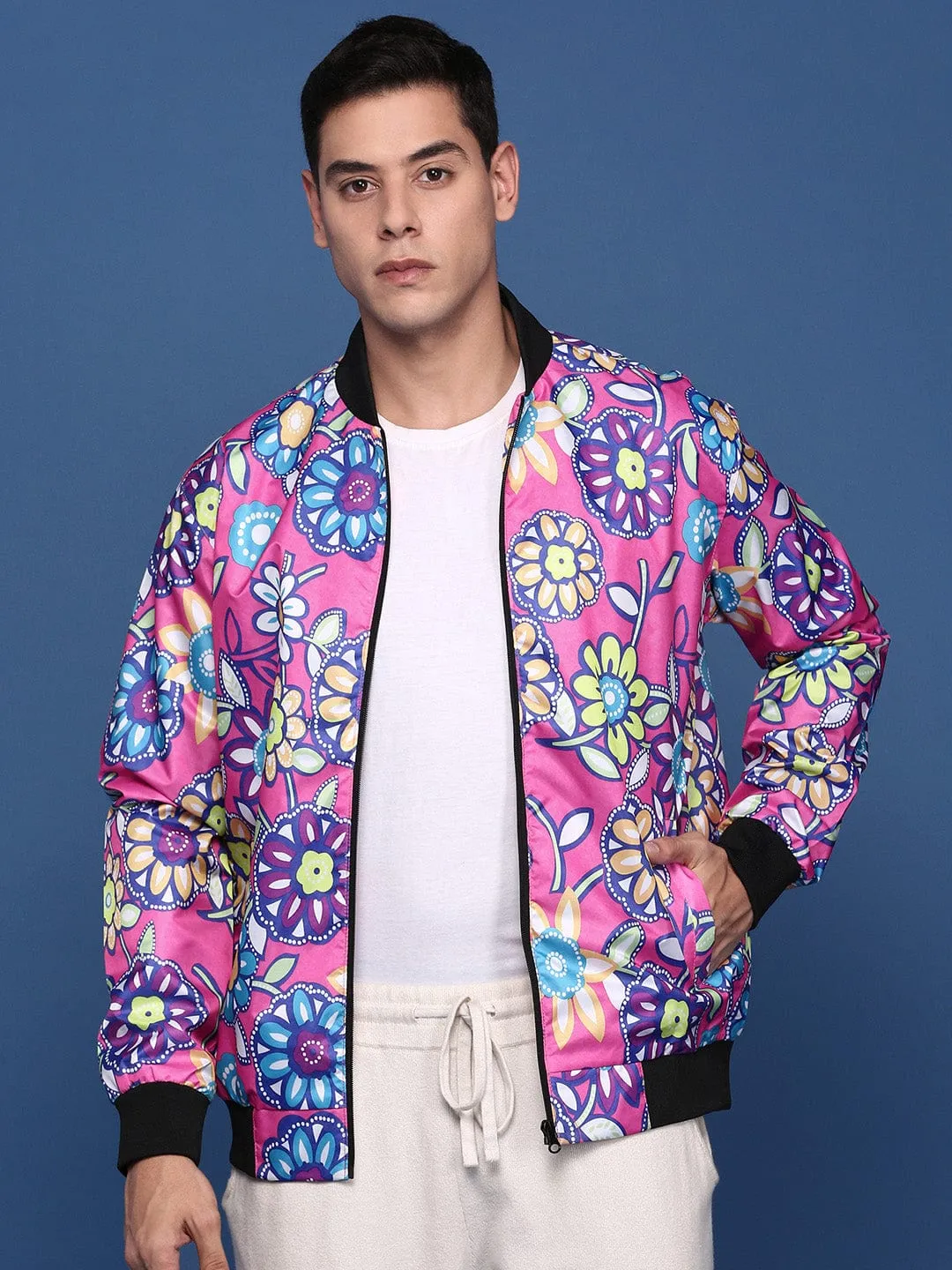 Men's Pink Printed Floral Windcheater Crop Bomber with Embroidered Jacket Smart Casual Kangaroo Pocket