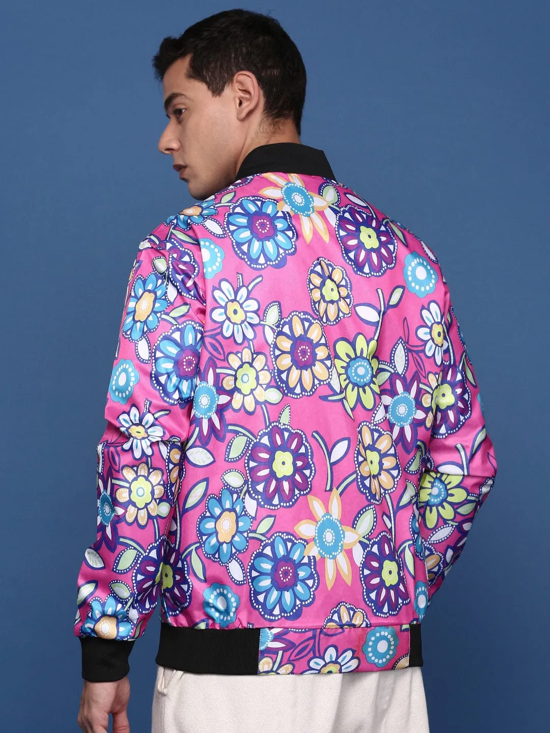 Abrasion Resistant Shell SoftshellTexture Men's Pink Printed Floral Windcheater Crop Bomber with Embroidered Jacket