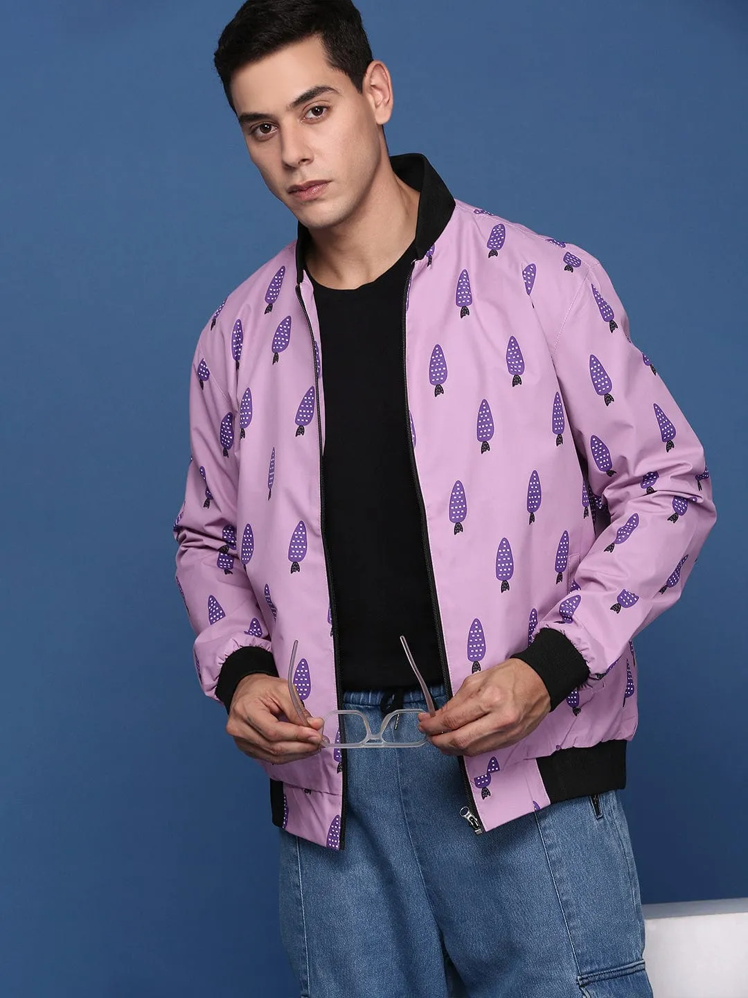 Plaid Design Comfort Fit Cut Men's Printed Pink Bomber Jacket