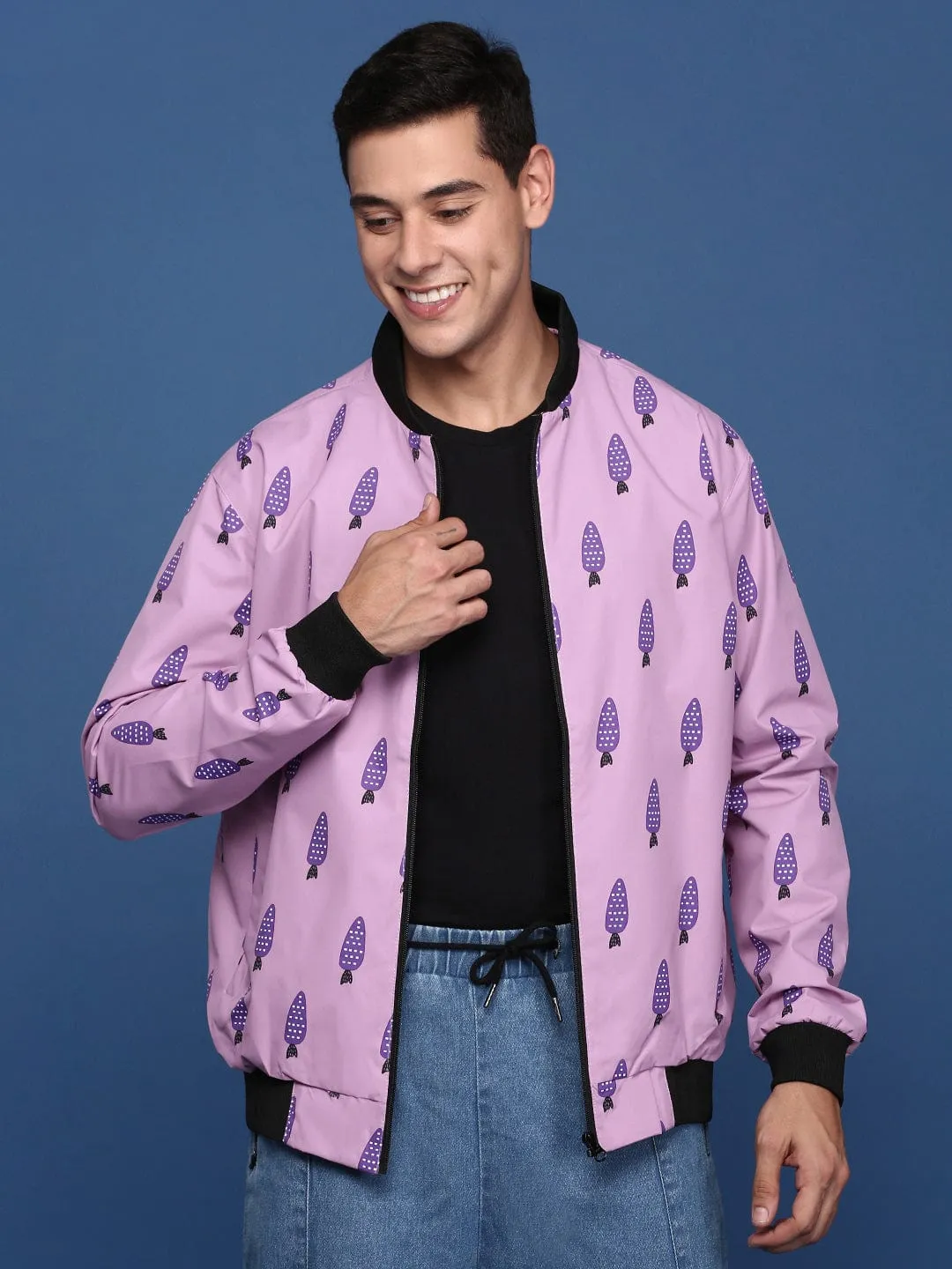 Double Stitch Seams Men's Printed Pink Bomber Jacket