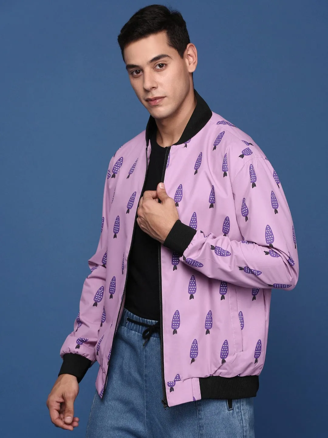 Frictionless Zipper Tracks Men's Printed Pink Bomber Jacket