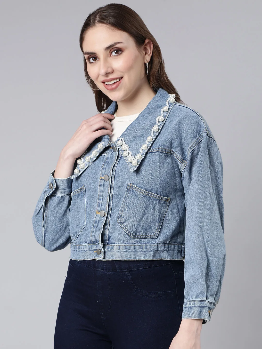 Women's Blue Washed Studded Drop Shoulder Crop Denim Jacket Changeable Style