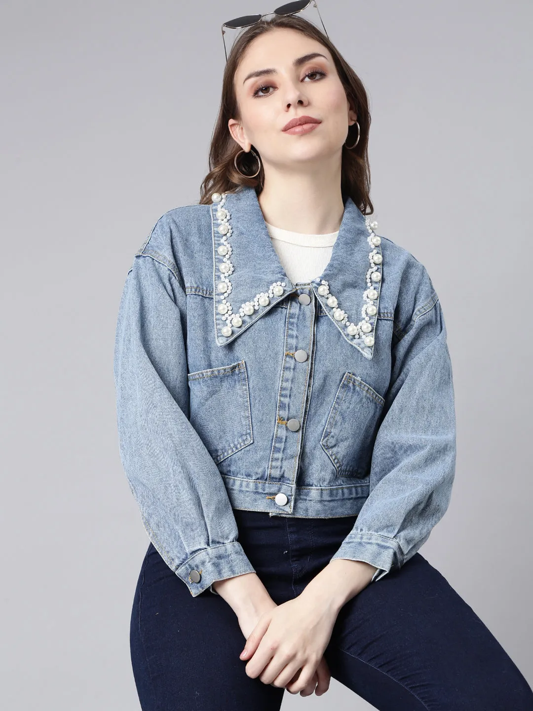 Water Repellent Finish Windproof Thermal Shell Women's Blue Washed Studded Drop Shoulder Crop Denim Jacket