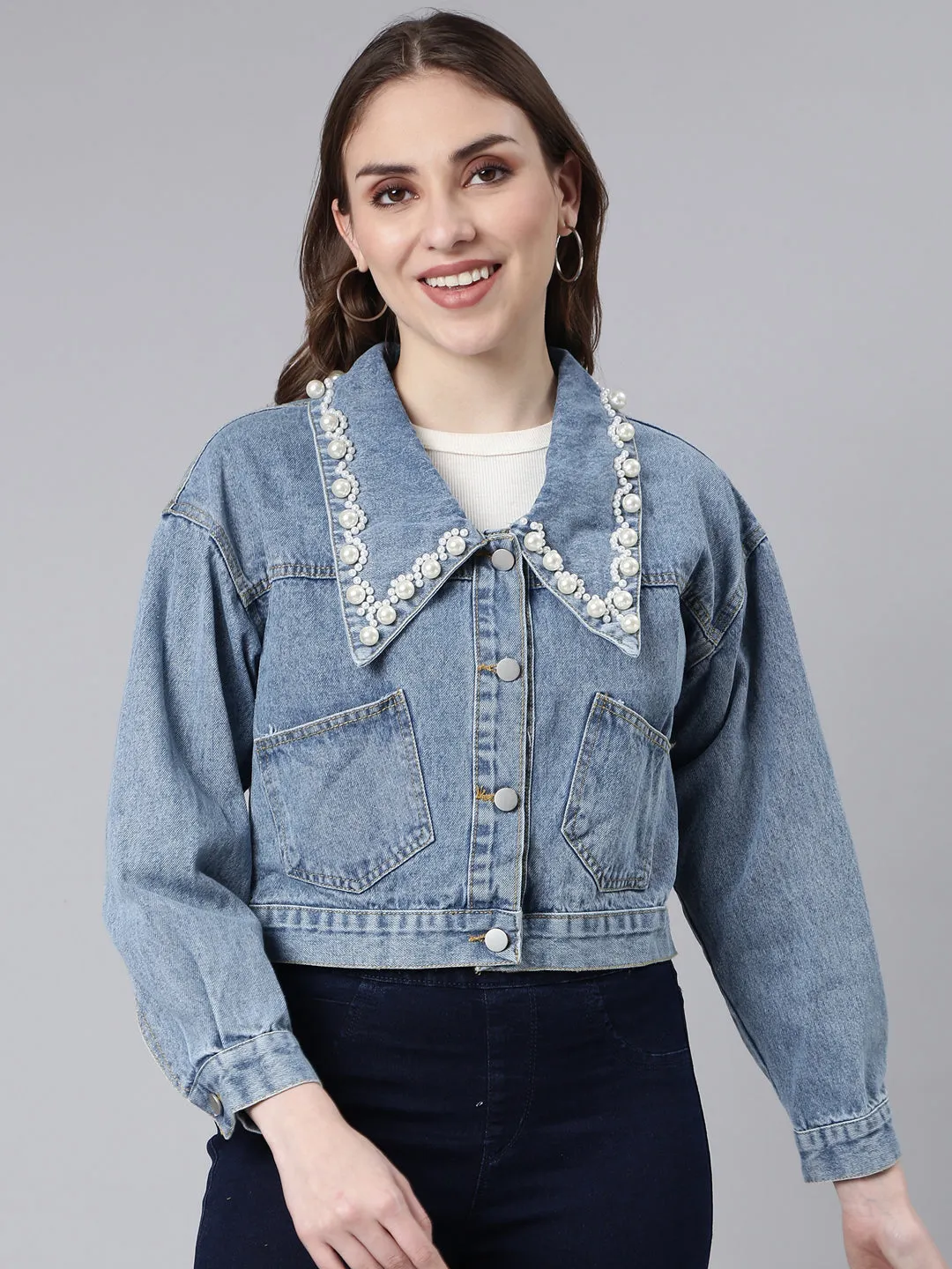 Weatherproof Zipper Closure Double Layer Protection Women's Blue Washed Studded Drop Shoulder Crop Denim Jacket