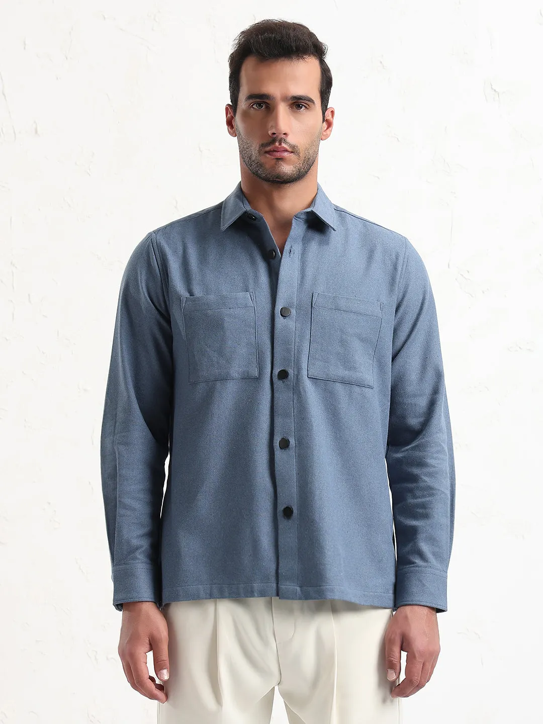 Men's Blue Solid Slim Fit Shacket Fresh Vibes