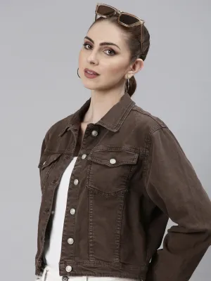 Noise Free Material Cozy Hood Detail Women's Brown Spread Collar Crop Denim Jacket