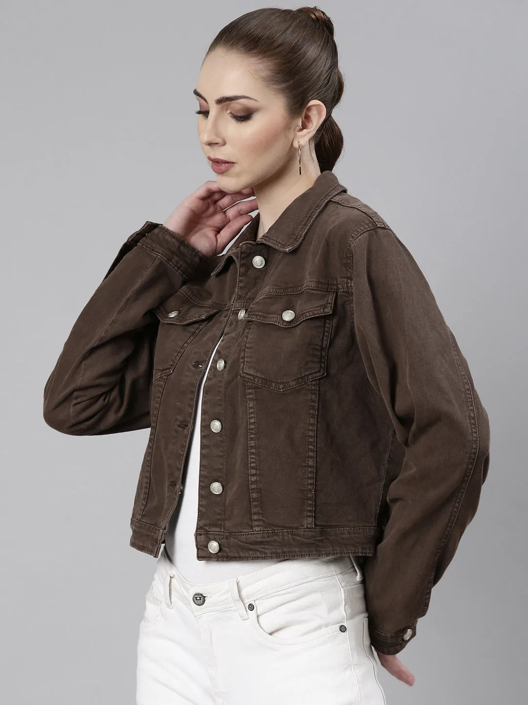 Clean Silhouette Women's Brown Spread Collar Crop Denim Jacket