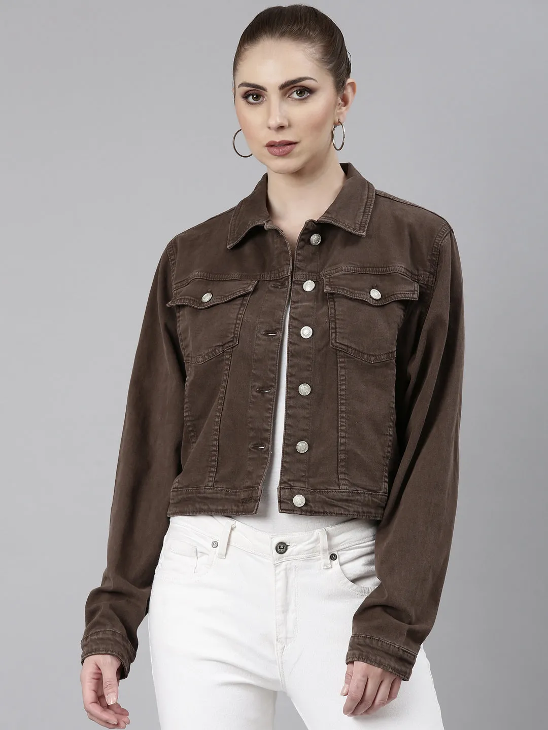 Women's Brown Spread Collar Crop Denim Jacket DetachableLining AbrasionResistant