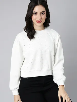 Women's White Embellished Round Neck Long Sleeves Cotton Crop Pullover Sweatshirt Street Layer
