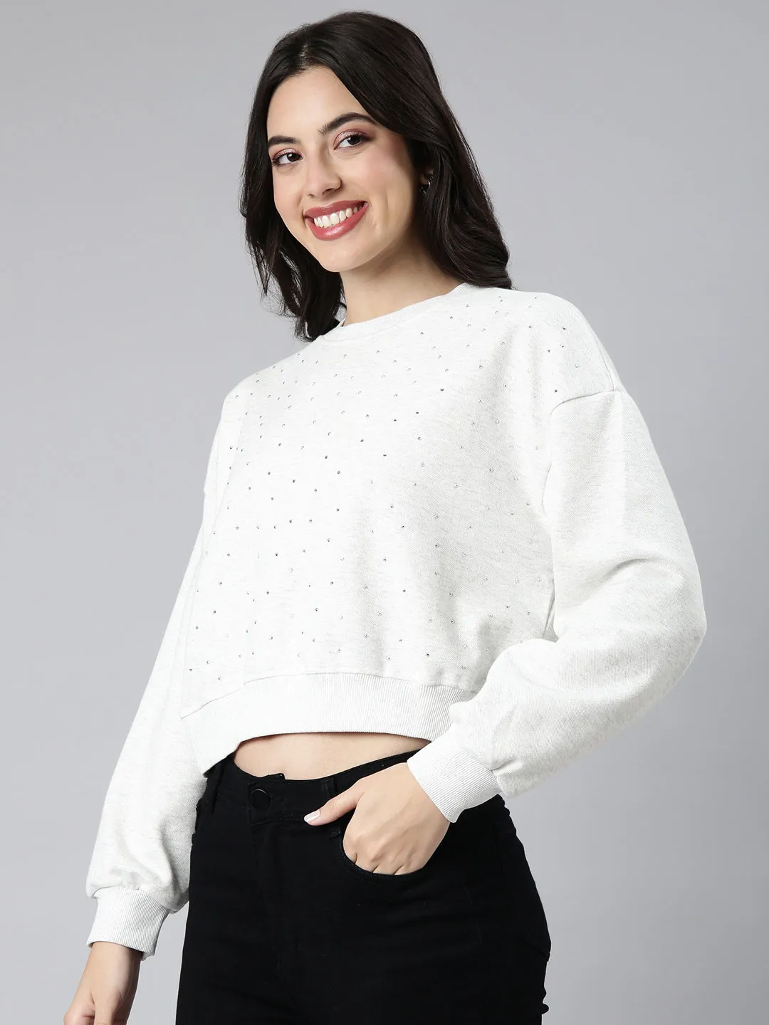 Women's White Embellished Round Neck Long Sleeves Cotton Crop Pullover Sweatshirt Fitted Shape