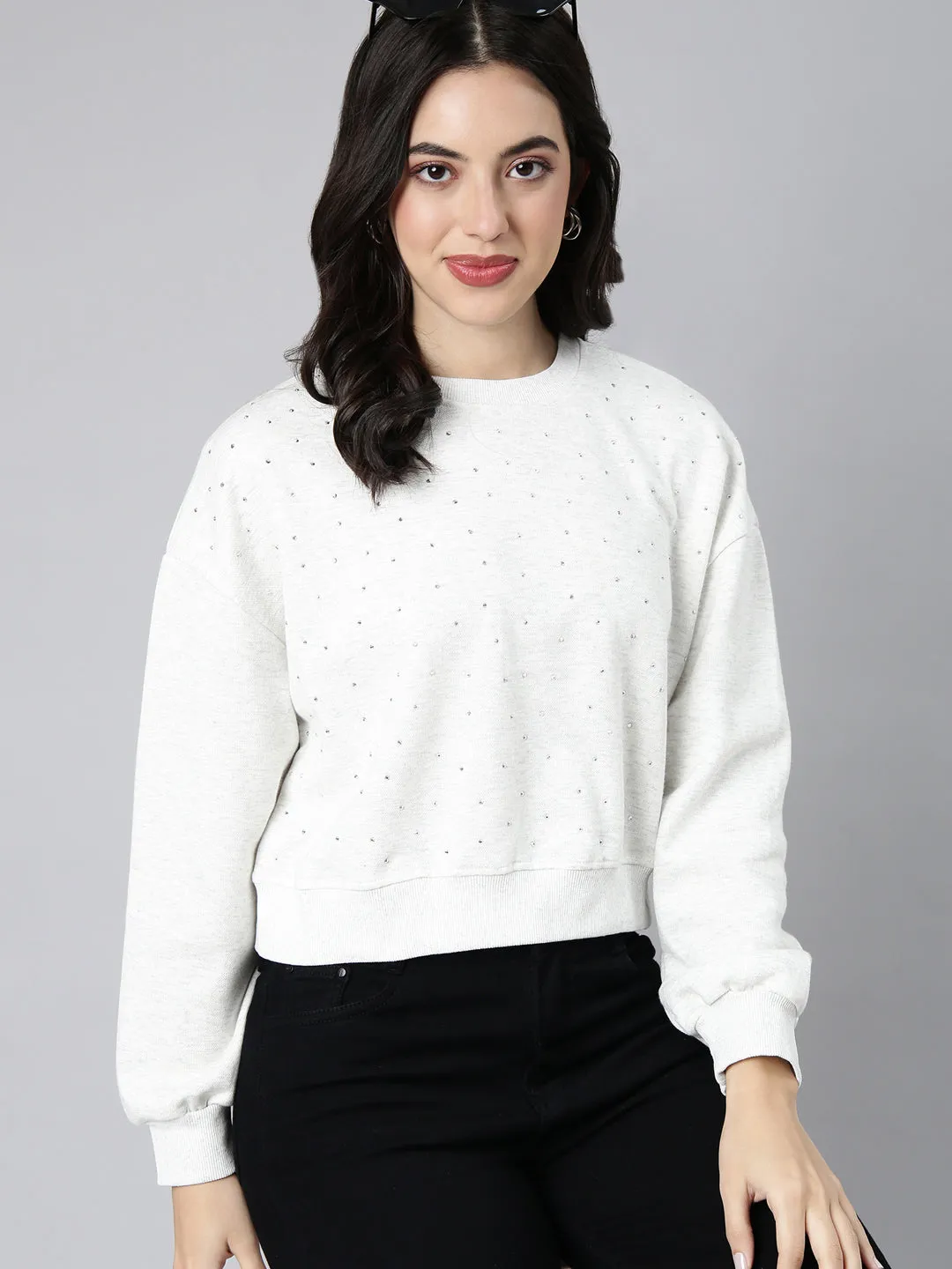 Women's White Embellished Round Neck Long Sleeves Cotton Crop Pullover Sweatshirt Street Layer