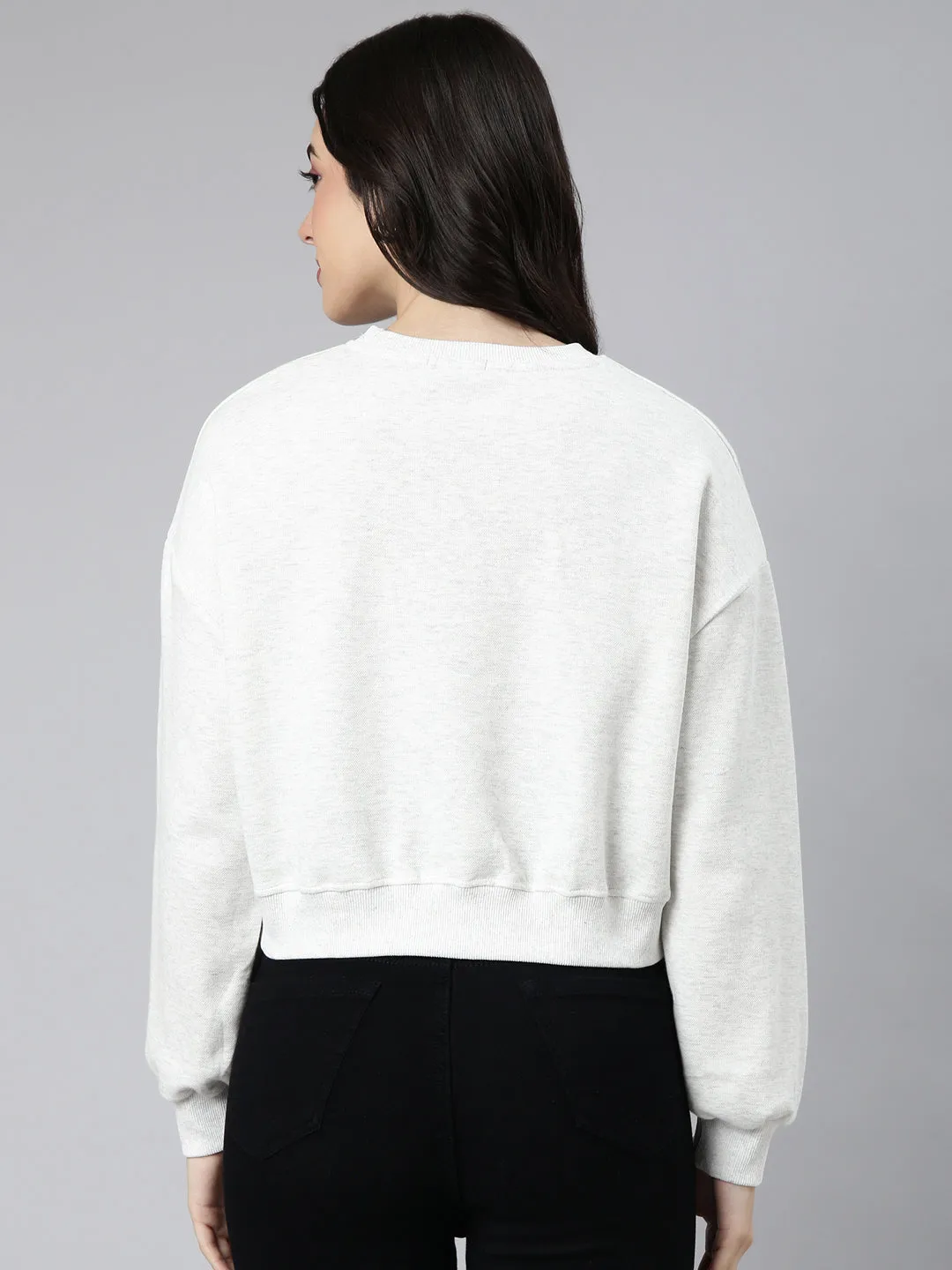 Women's White Embellished Round Neck Long Sleeves Cotton Crop Pullover Sweatshirt Fresh Bold Comfort Apparel