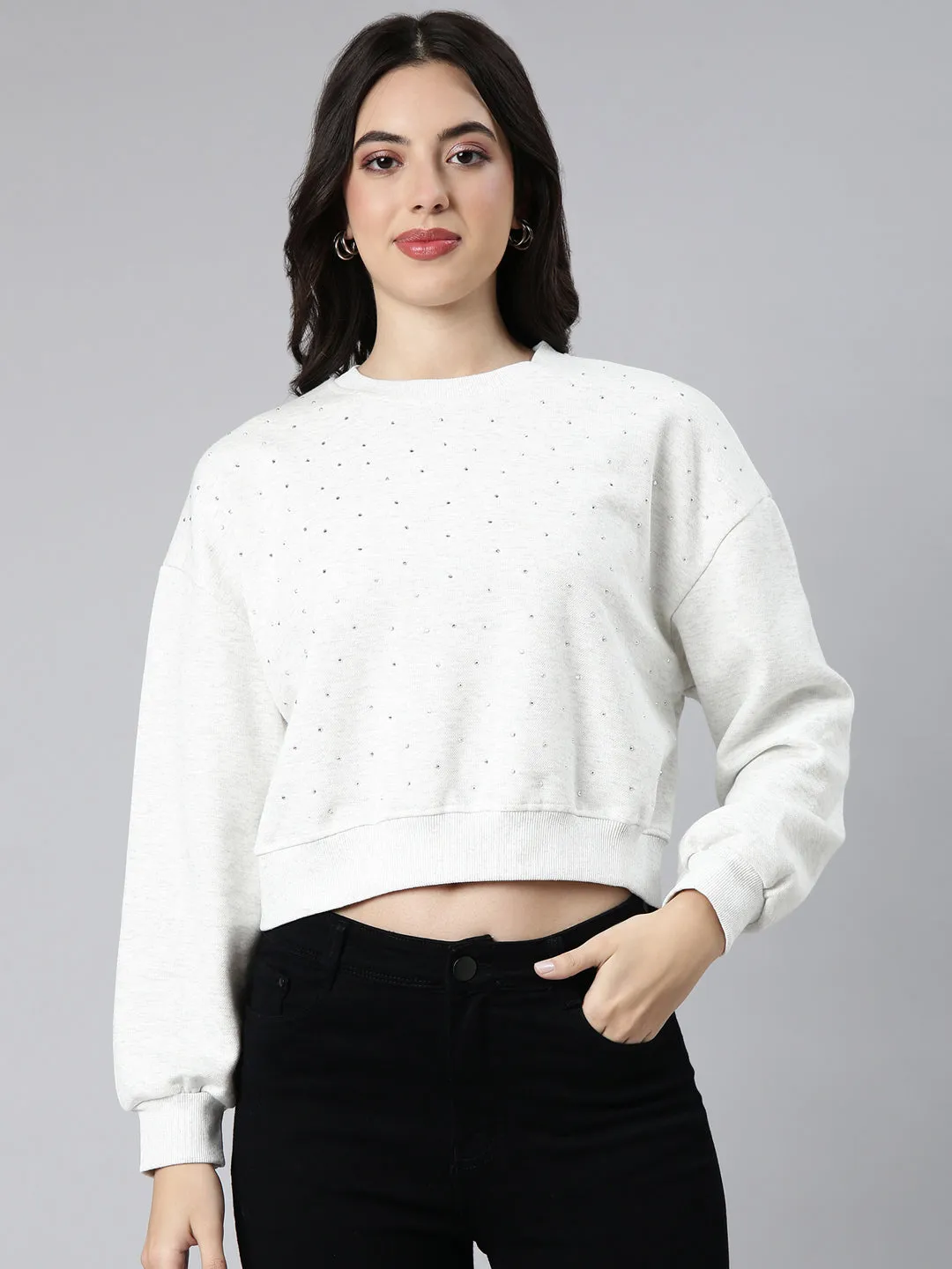 Women's White Embellished Round Neck Long Sleeves Cotton Crop Pullover Sweatshirt fit test