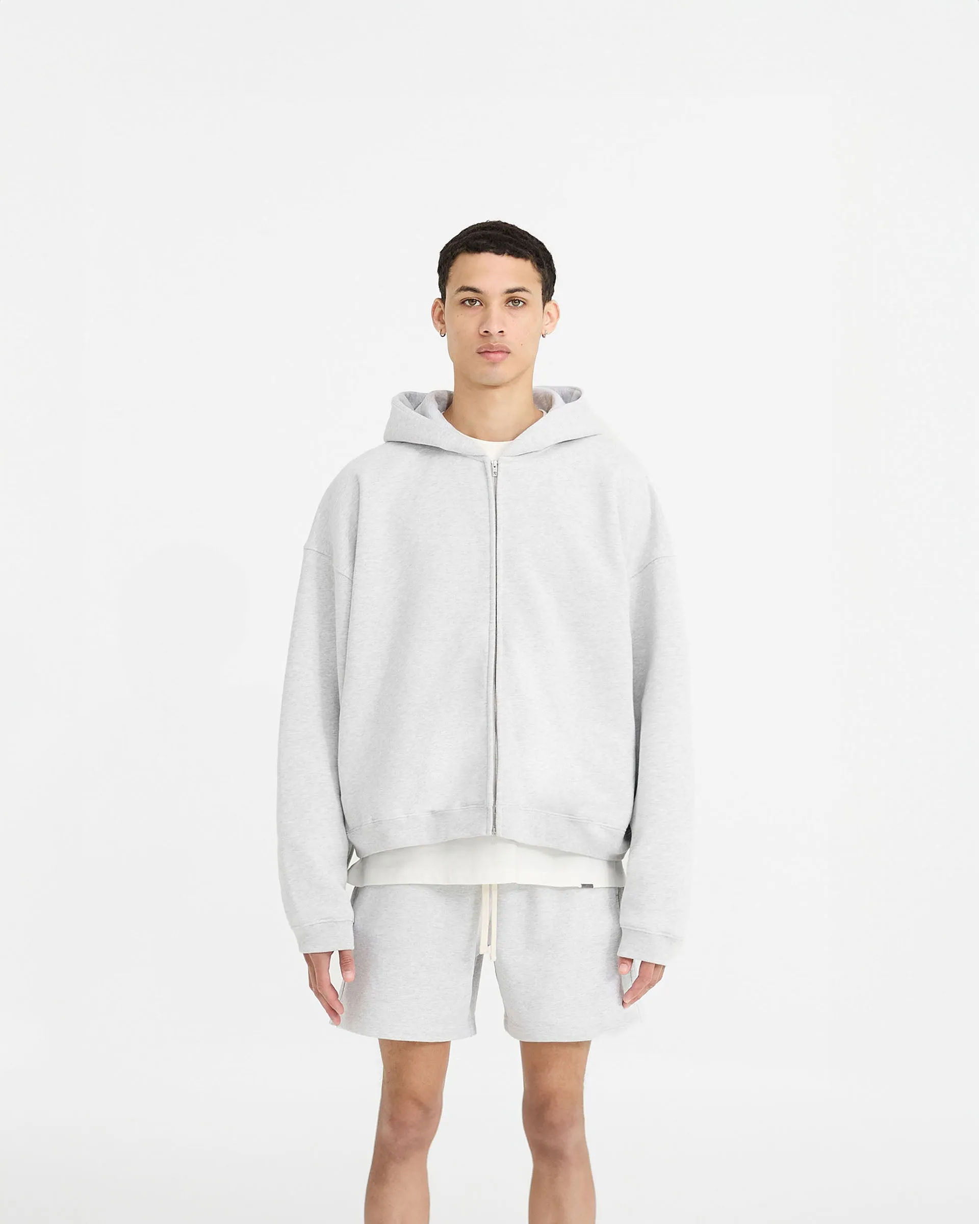 Winter Essential Fresh Bold Initial Boxy Zip Through Hoodie - Ice Grey Marl