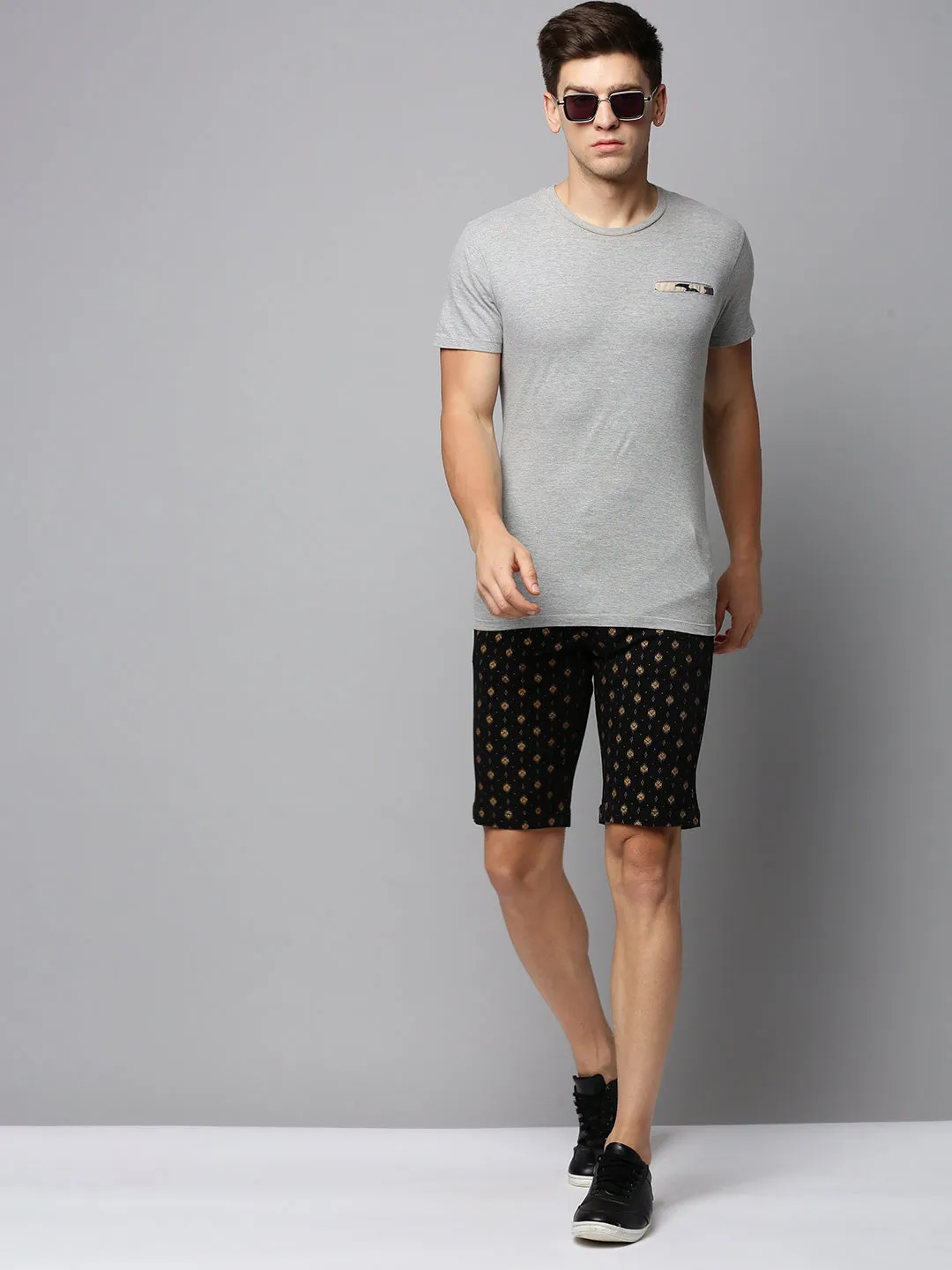 Men's Black Regular Fit Ethnic Motifs Printed Cotton Shorts Flats