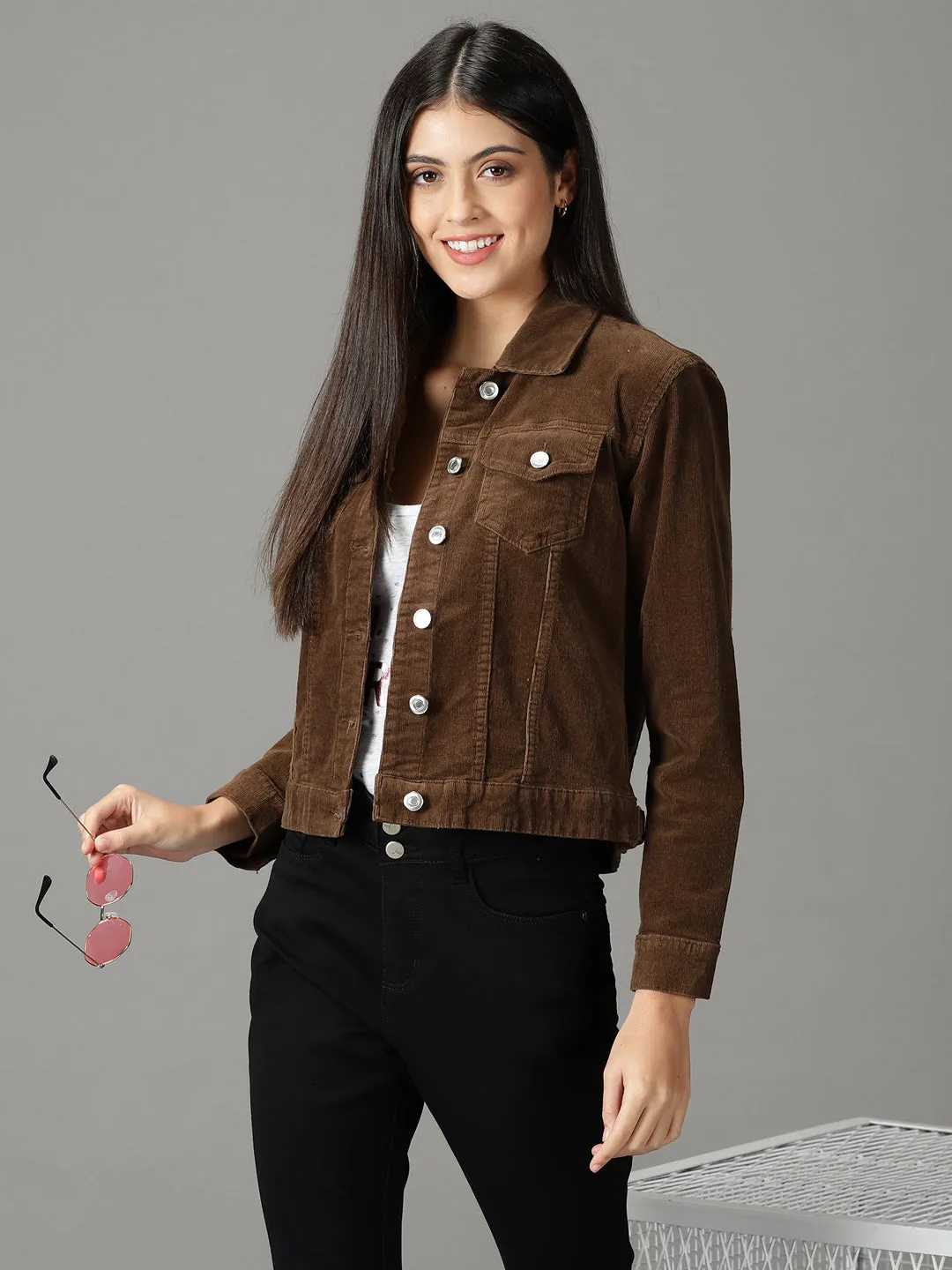 Women's Brown Corduroy Tailored Jacket Kangaroo Pocket