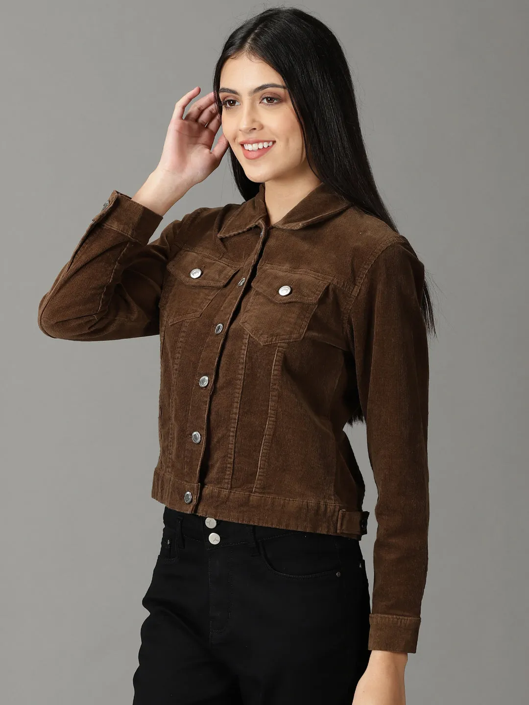 Women's Brown Corduroy Tailored Jacket Compression Fit Technology Double stitching