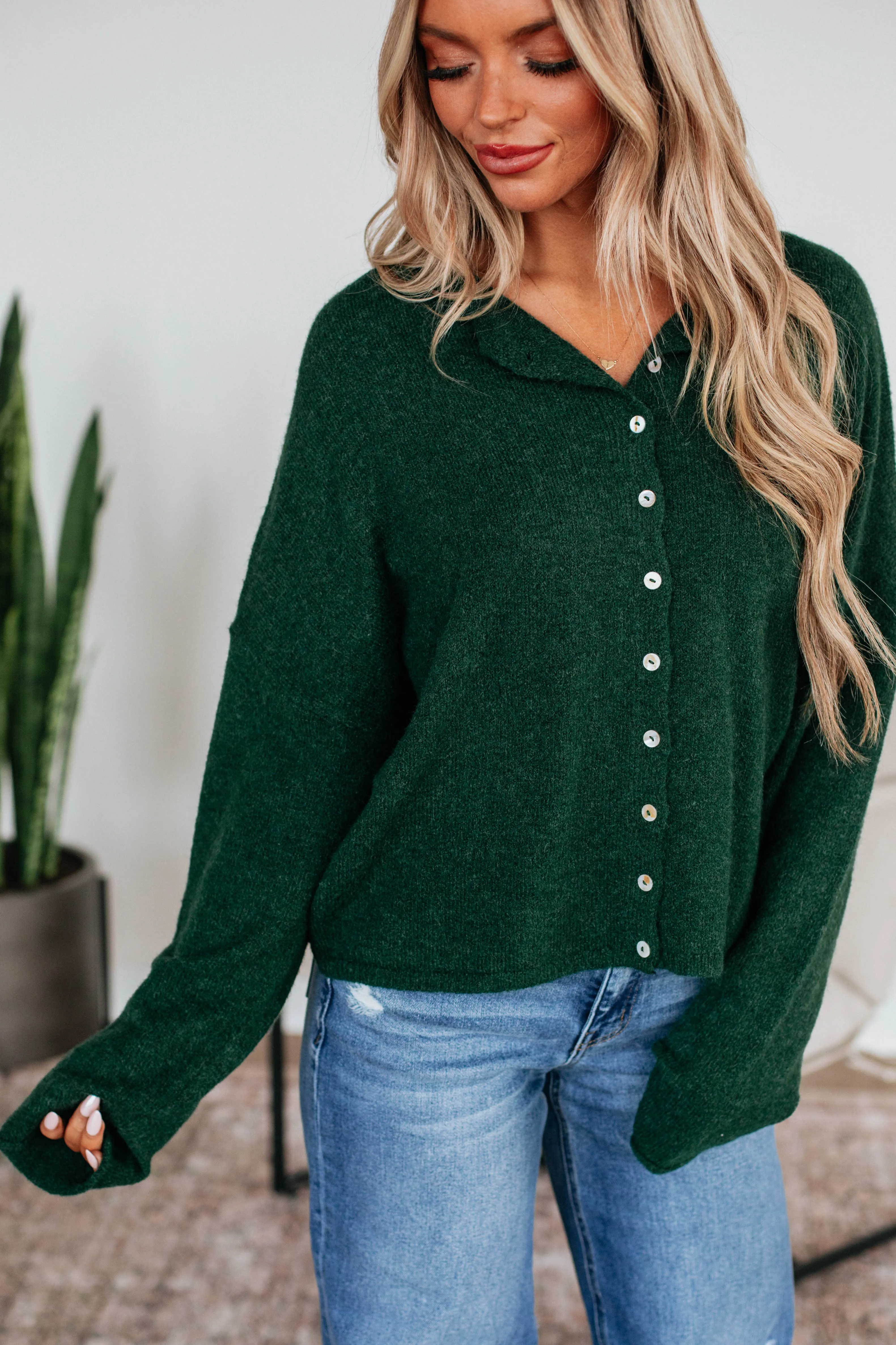 Ribbed Collar Detail Brooke Cardigan - Forest Green