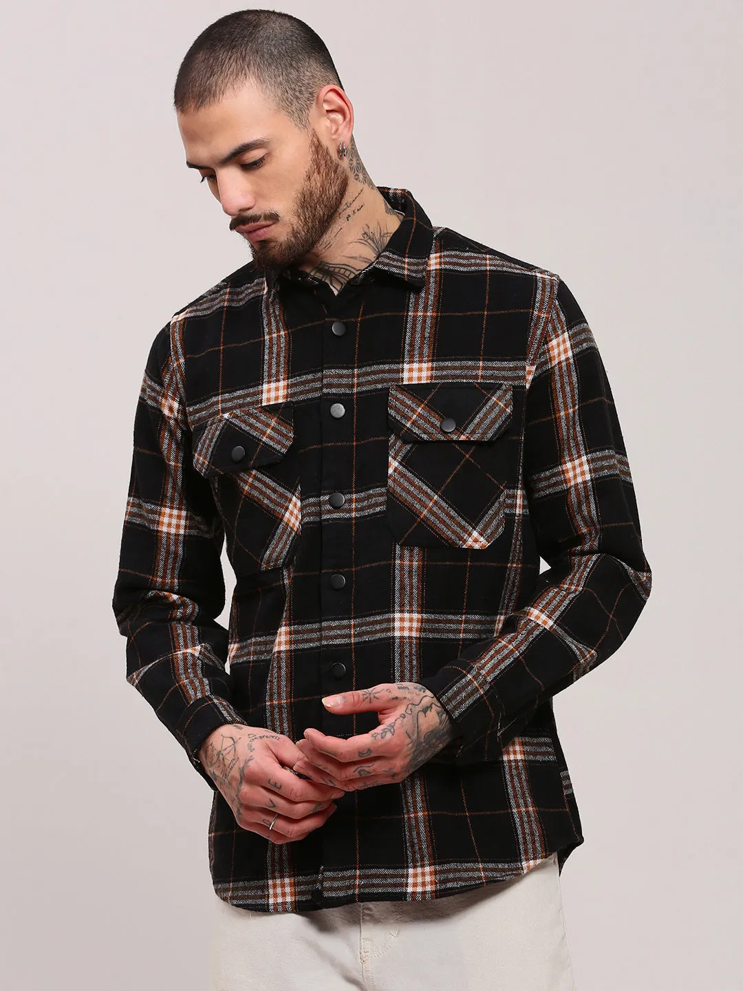WrinkleResistant Texture Men's Black Checked Cotton Casual Shacket