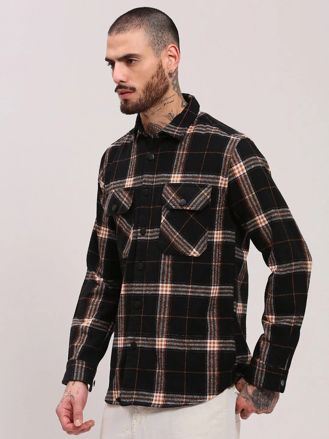 Men's Black Checked Cotton Casual Shacket Comfortable And Versatile EcoFriendly Dye