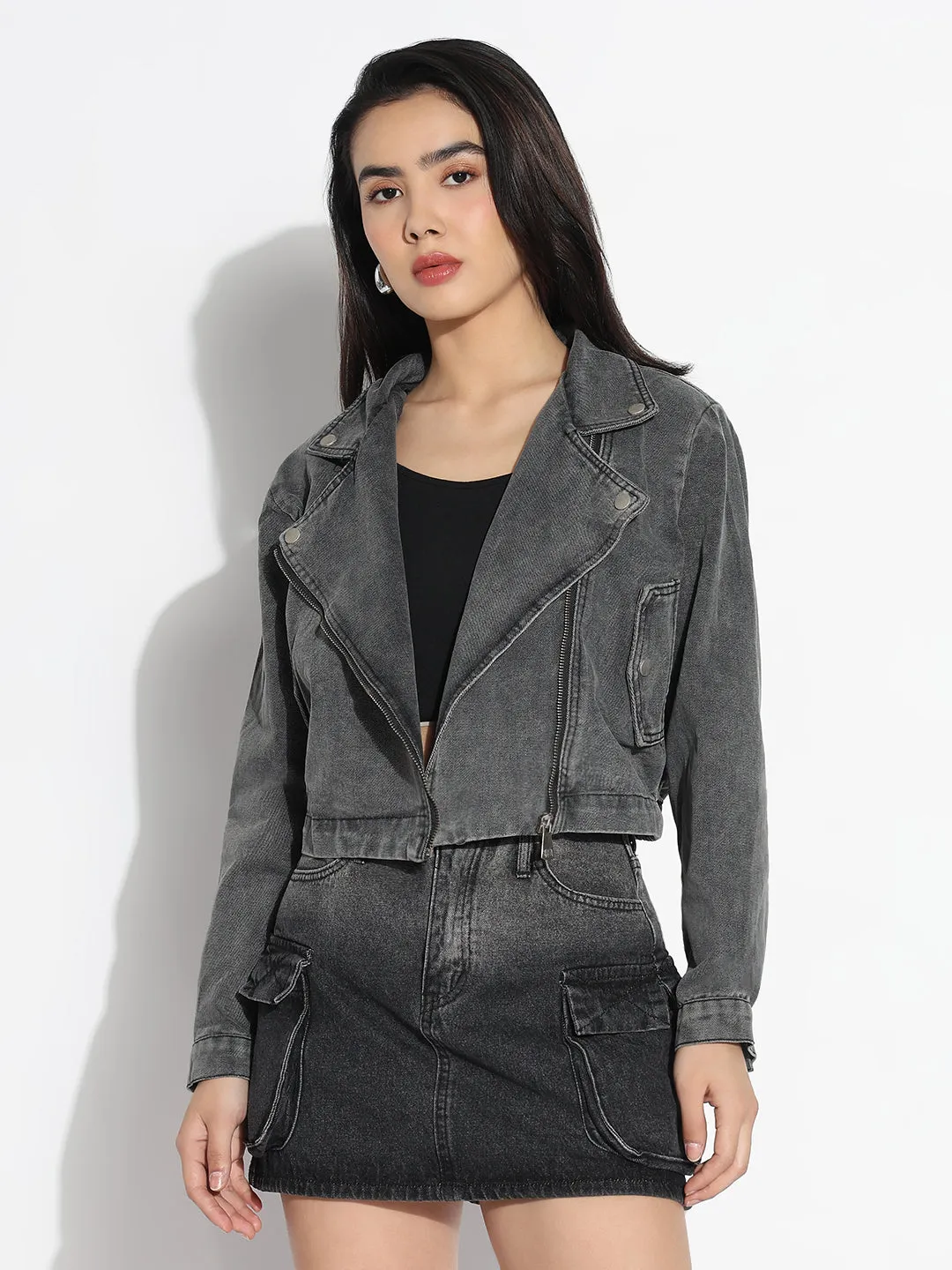 Women's Solid Grey Spread Collar Denim Jacket Ergonomic Armhole Cut