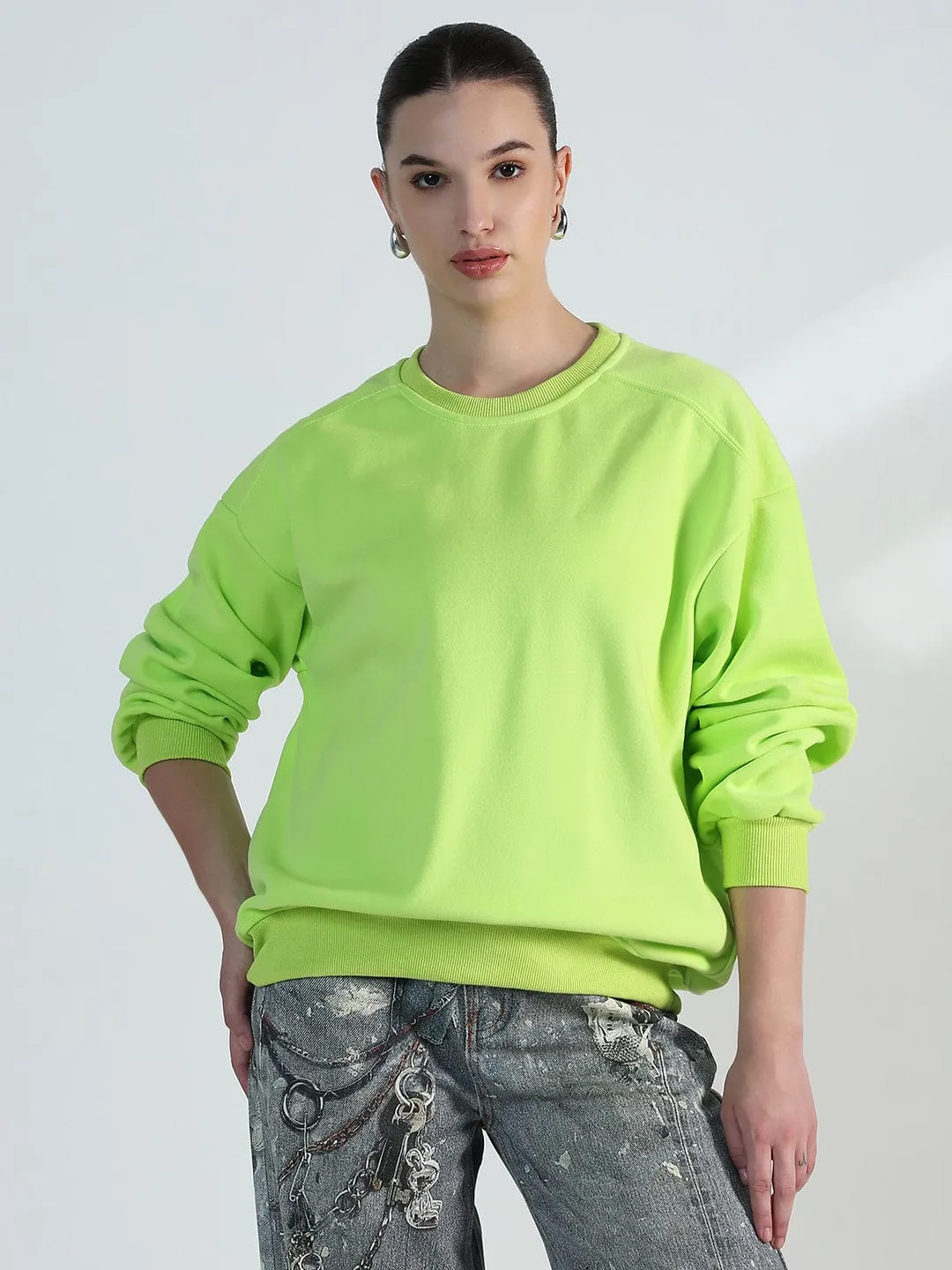 Women's Lime Green Round Neck Oversized Sweatshirt Business Ready