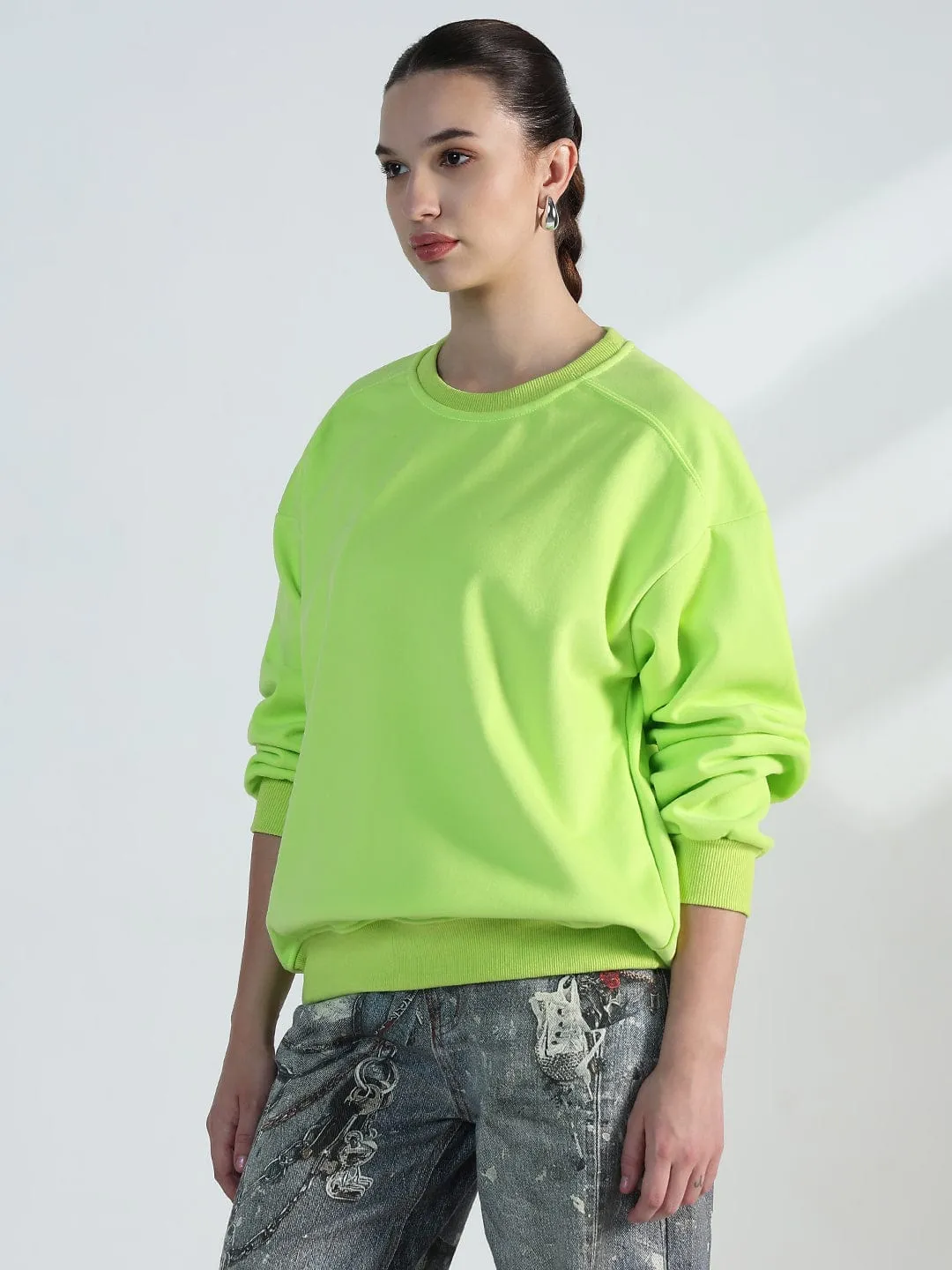 Women's Lime Green Round Neck Oversized Sweatshirt Casual Vibes
