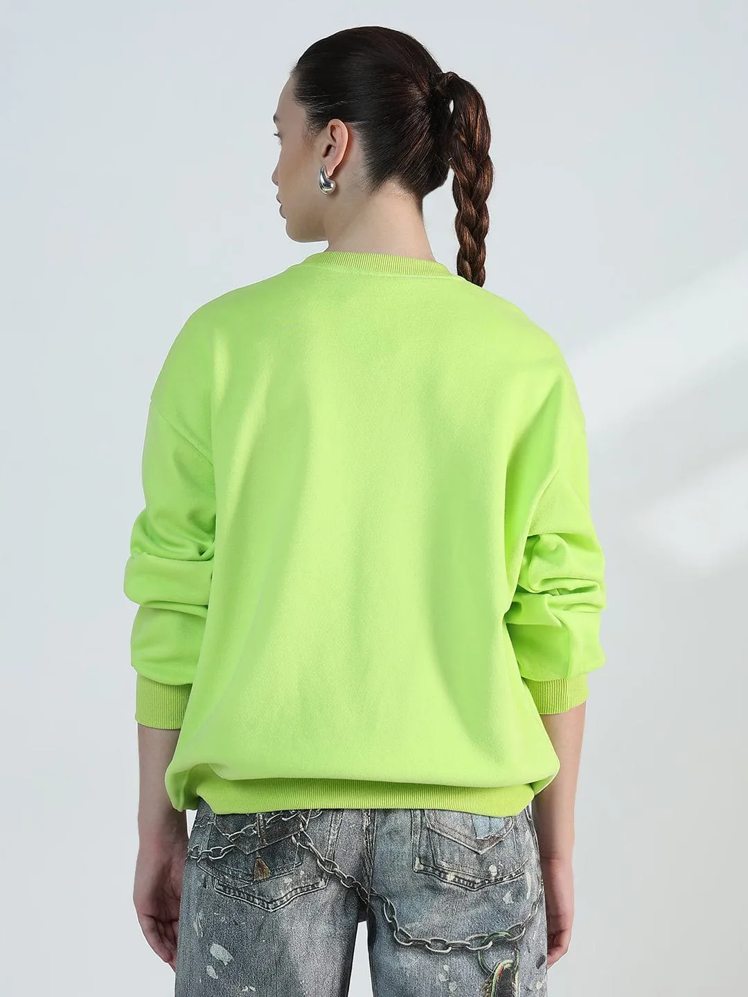 Women's Lime Green Round Neck Oversized Sweatshirt loop accents